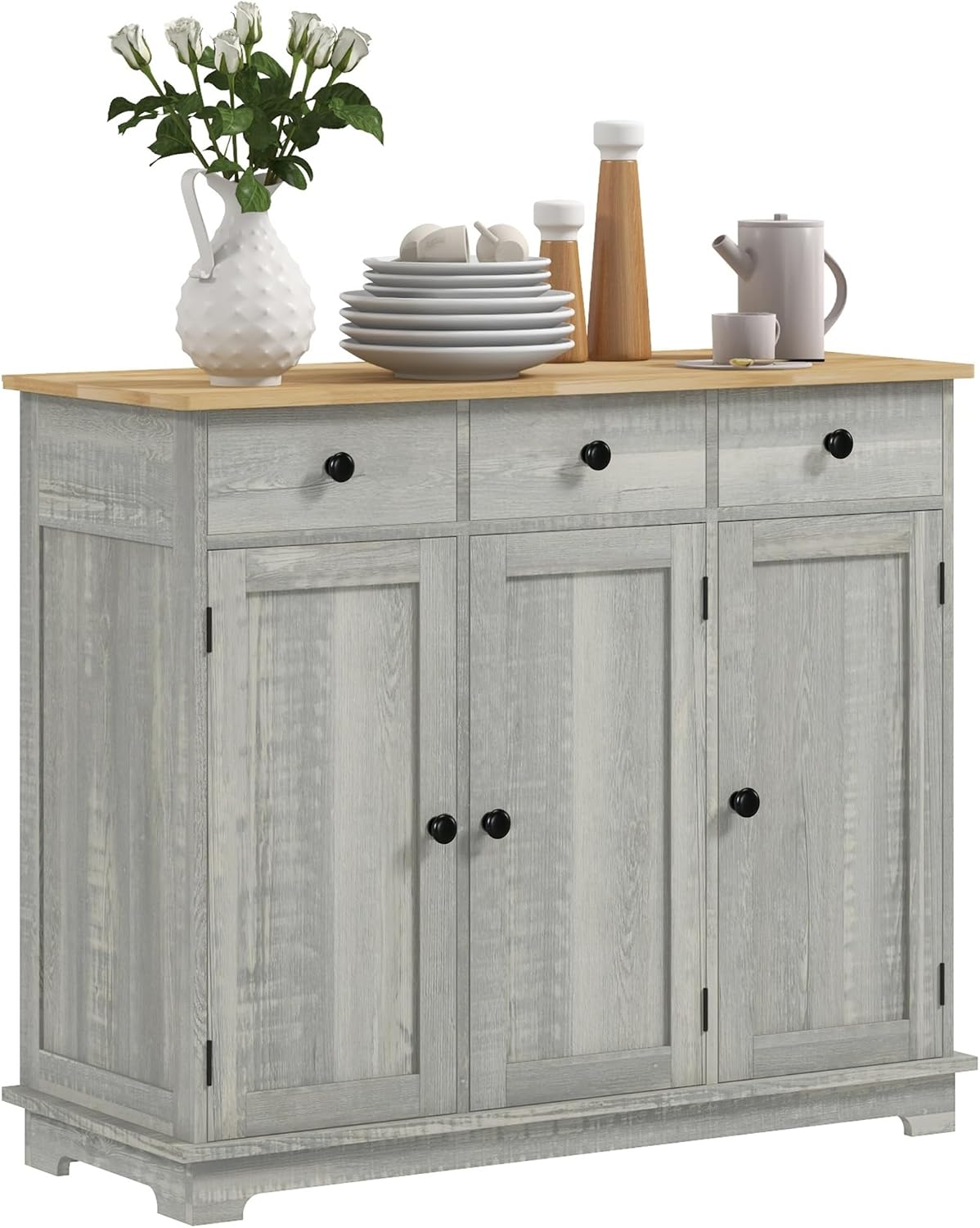 HOMCOM Sideboard Buffet Cabinet with Solid Wood Countertop, Modern Kitchen Storage Cabinet, Coffee Bar Cabinet with 3 Drawers, Doors and Adjustable Shelf, Distressed Light Gray