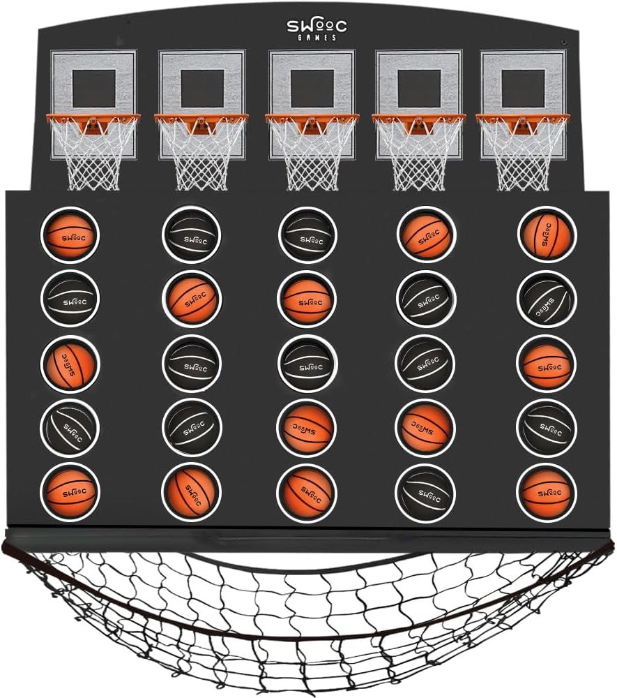 Swooc Games - Low Post Lineup | Wall Mounted Giant Basketball 4 in A Row w/ 5+ Games | Basketball Hoop for Room Wall Games | Game Room Games | Mini Basketball Hoop Indoor Connect | Four in A Row Game