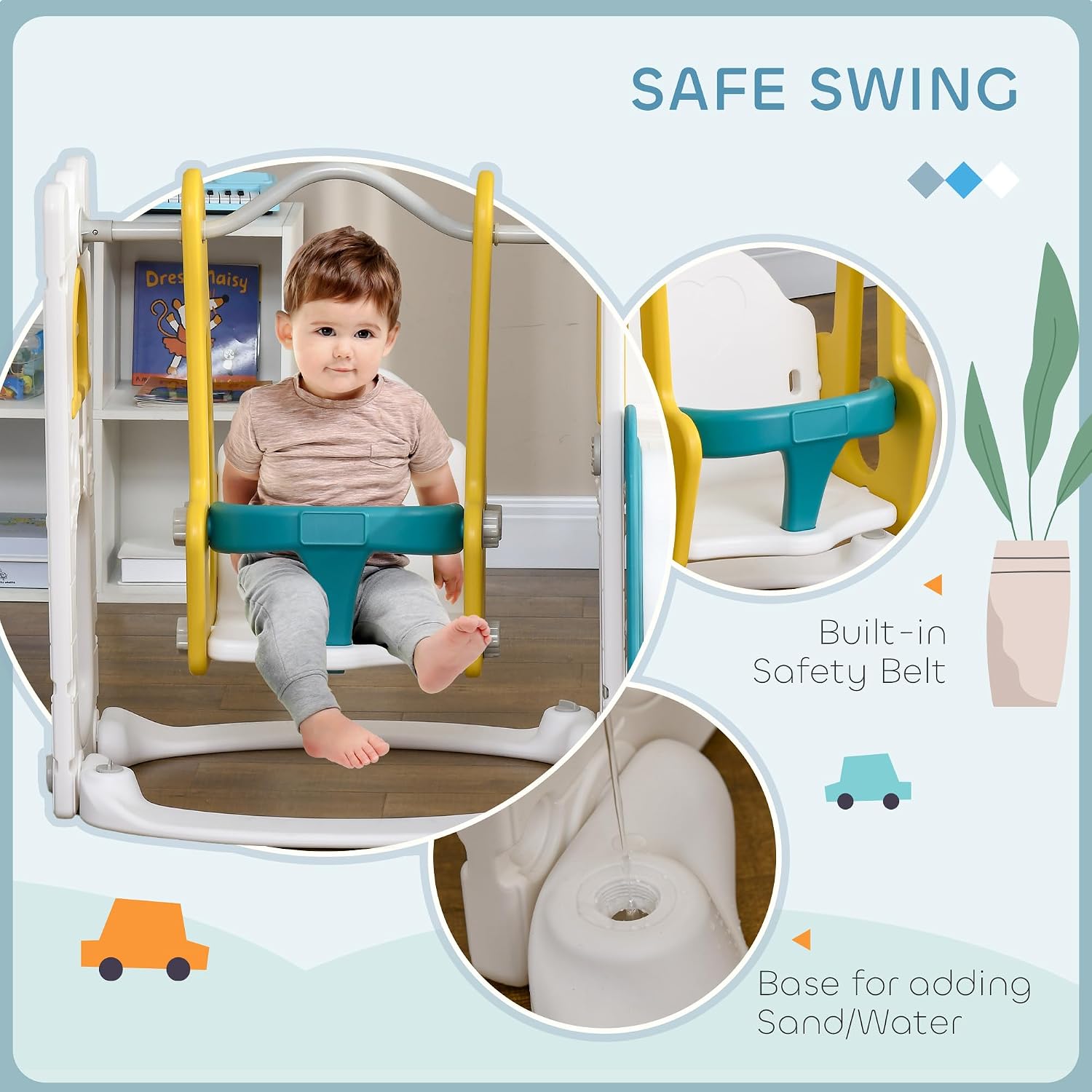 Qaba 6 in 1 Toddler Slide and Swing Set, Toddler Playground for Ages 1-3 Years with Basketball Hoop, Climber, Storage Space, Telescope, Indoor/Outdoor Playset, Yellow