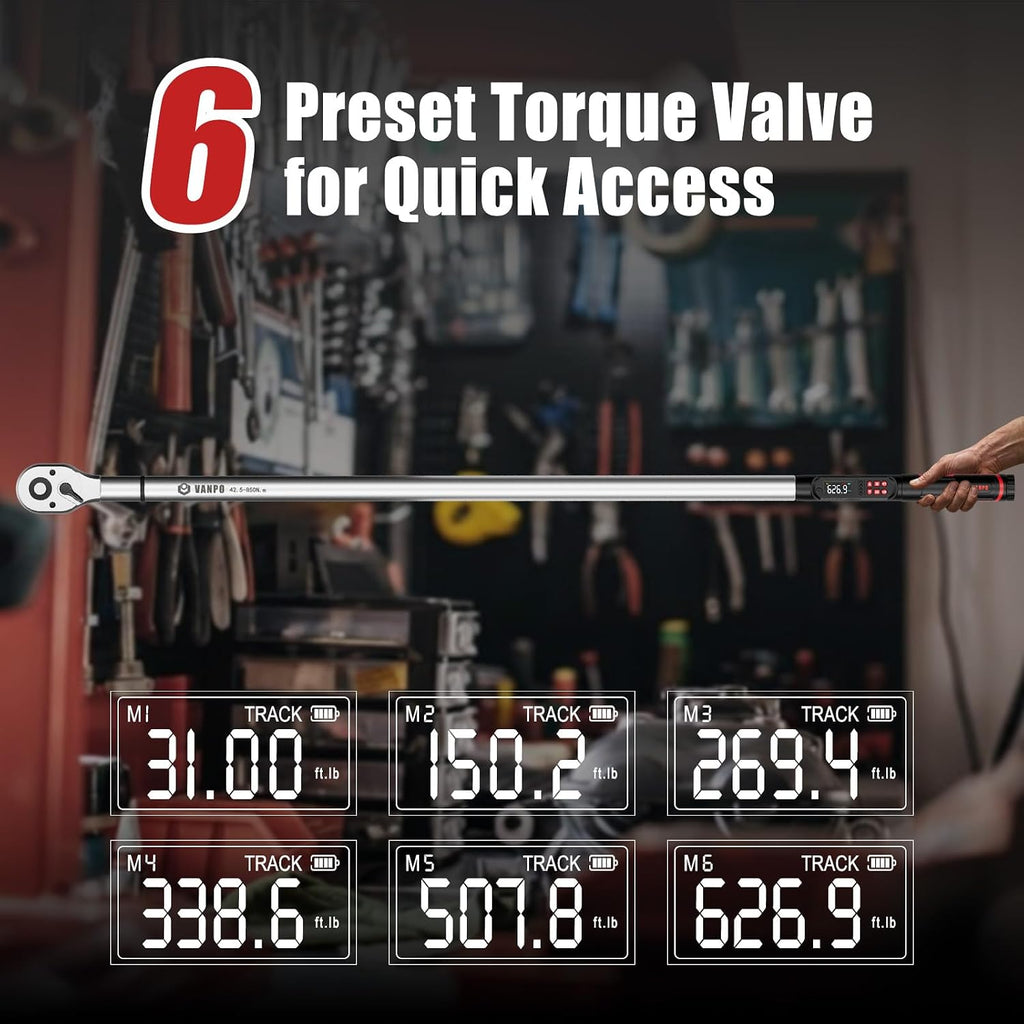 VANPO 3/4' Digital Torque Wrench 31–627 ft-lb, ±2% Accuracy Heavy Duty Electronic Torque Wrench with LED, Buzzer & Vibration Alert, Peak/Track Mode for Semi Truck, Diesel Mechanics & Fleet Maintenance
