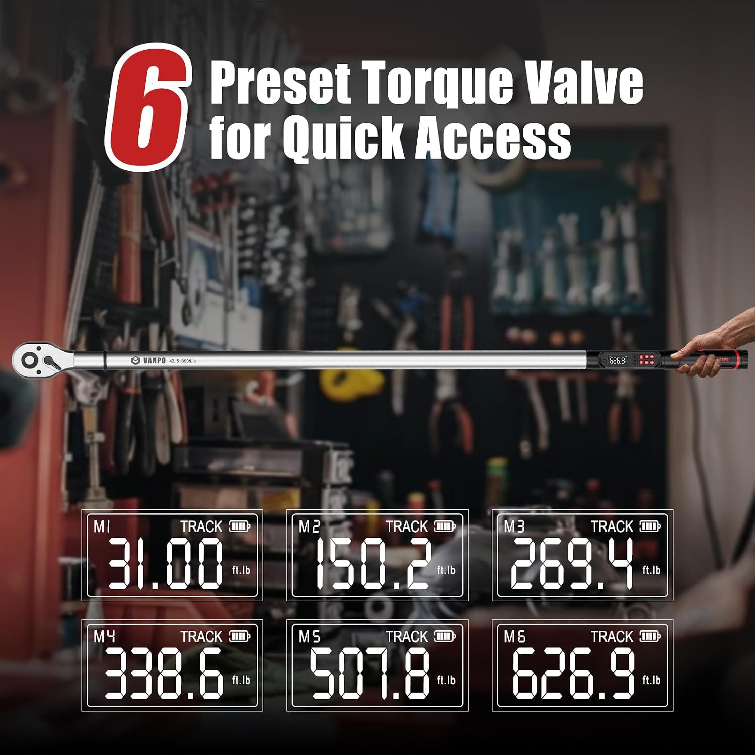 VANPO 3/4' Digital Torque Wrench 31–627 ft-lb, ±2% Accuracy Heavy Duty Electronic Torque Wrench with LED, Buzzer & Vibration Alert, Peak/Track Mode for Semi Truck, Diesel Mechanics & Fleet Maintenance