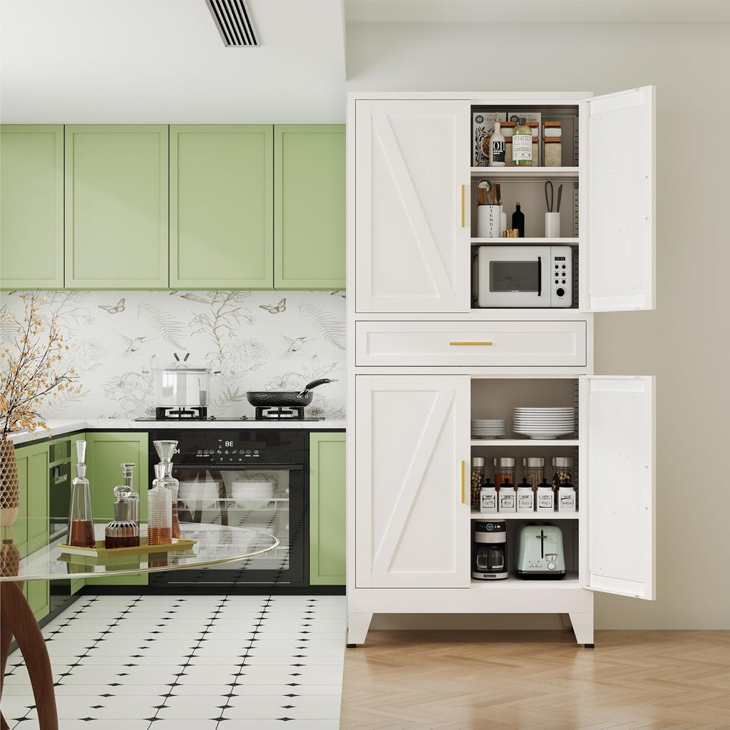 QINPTWUT 71' Farmhouse Pantry Cabinet in White, with 4 Doors & Center Drawer, Tall Food Cabinet with Adjustable Shelves, Freestanding Steel Cupboard for Kitchen, Dining Room, Pantry, Garage