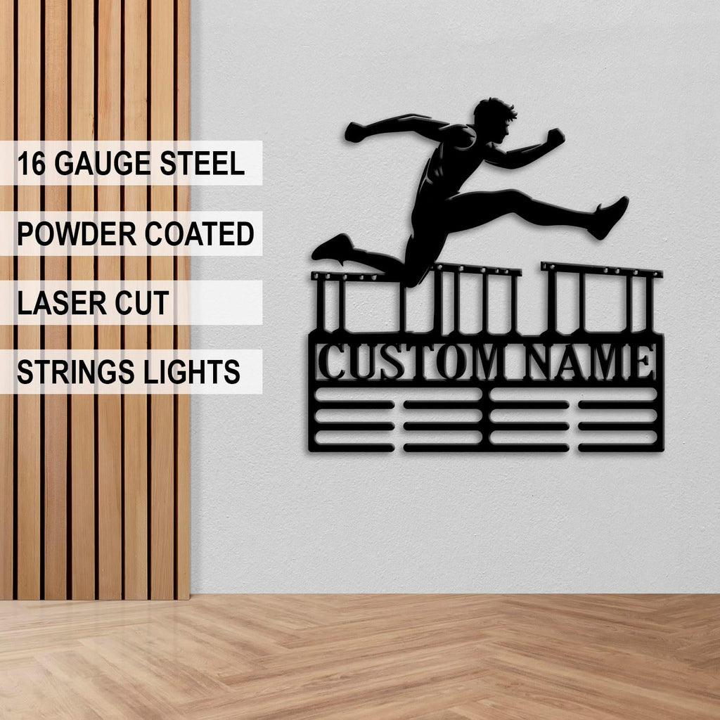 Custom Hurdles Running Medal Holder LED Light, Hurdle Runner Name Medal Hanger Display, Rack For Tiered Award Ribbon, Metal Sign Gift For Athlete Artwork