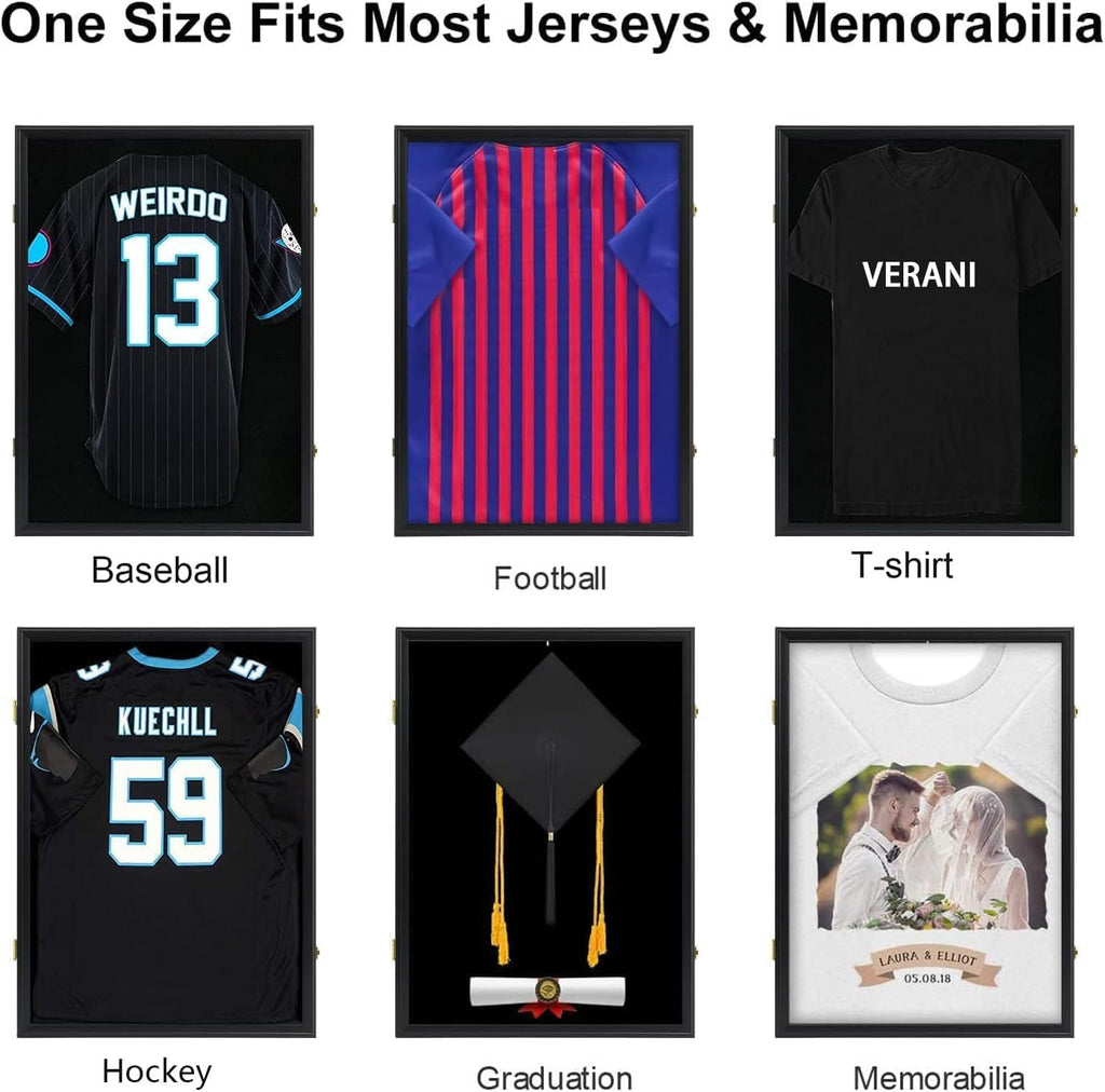 VERANI Jersey Frame Display Case 4 Pack - Football Shadow Box - Jersey Display Frame with Acrylic Door and Metal Hanger for Baseball Basketball Soccer Hockey Sport Shirt and Uniform, Black