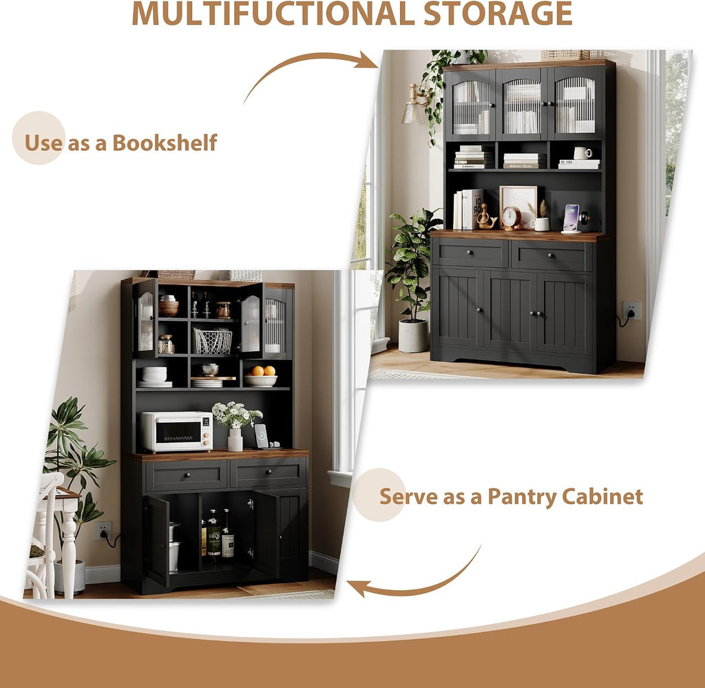 Garvee 71' Pantry Cabinet with Charging Station, Tall Kitchen Pantry Storage Cabinet with Microwave Stand, Farmhouse Kitchen Hutch with Storage Drawers for Living Room, Dining Room, Black