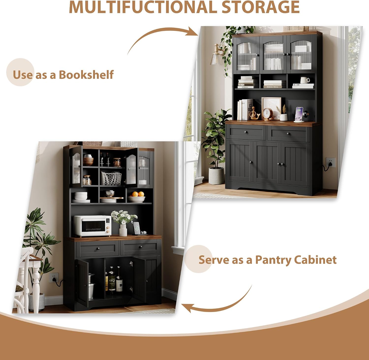 Garvee 71' Pantry Cabinet with Charging Station, Tall Kitchen Pantry Storage Cabinet with Microwave Stand, Farmhouse Kitchen Hutch with Storage Drawers for Living Room, Dining Room, Black