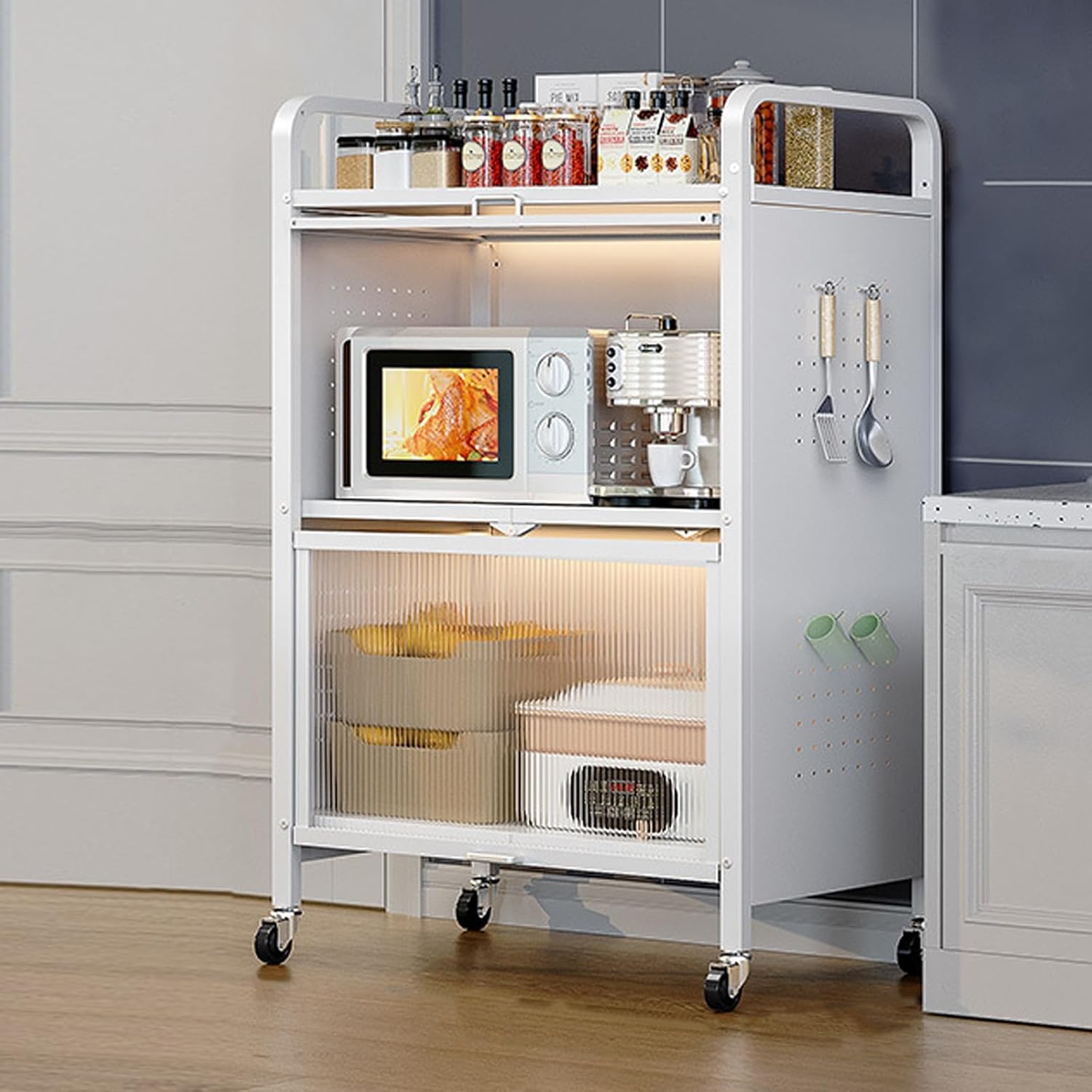 Microwave Stand with Wheels, Foldable Metal Kitchen Rack, Dust-Proof Cabinet Storage, Free Standing Baker's Rack for Microwave Ovens, Perfect for Garage & Home Use,White,4,Tier