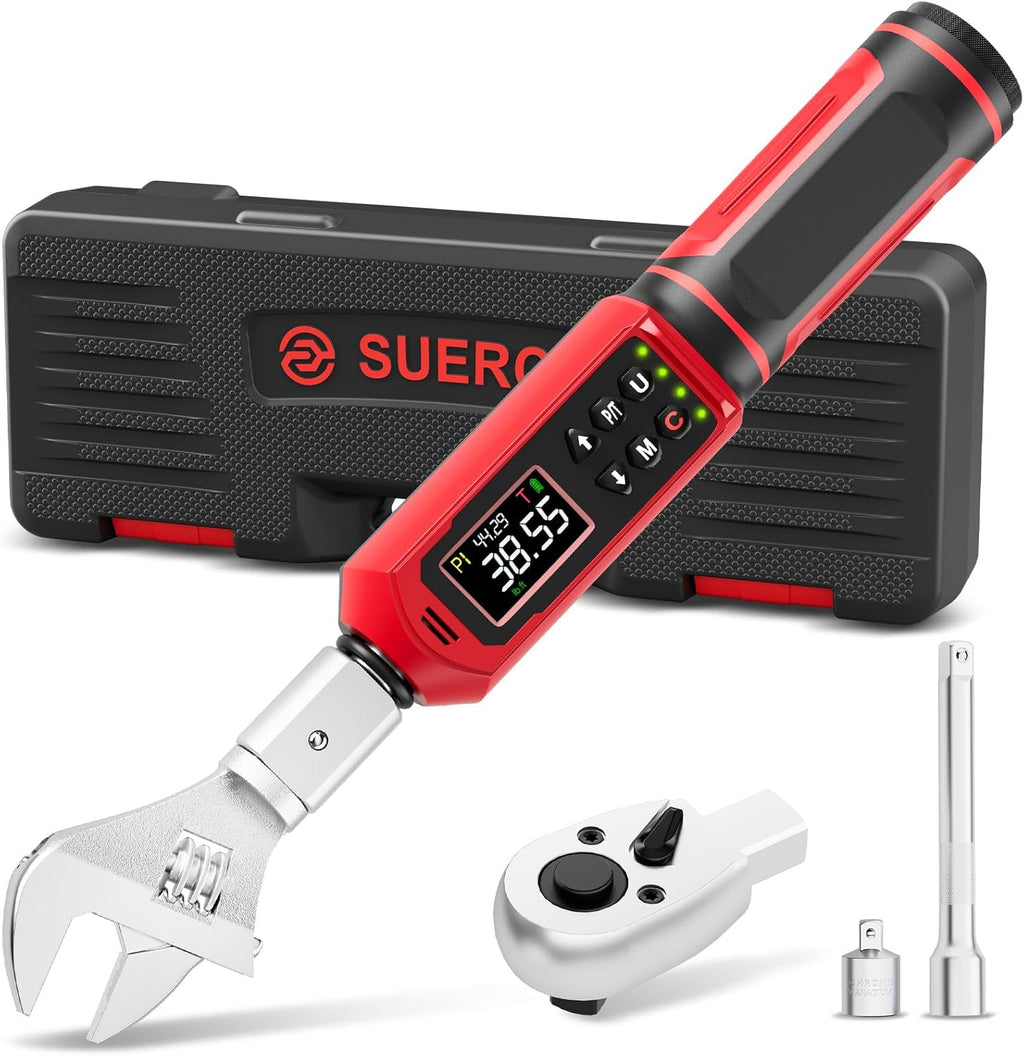 SUERCUP 9x12 mm Adjustable Digital Torque Wrench, 0.66-44.29Ft.Lb/0.9-60N.m | Interchangeable Open End Head 42mm Jaw & 3/8' Ratchet, Vibration/Buzzer/LED Alert, for Split AC, HVAC, Bike & Moto Repair