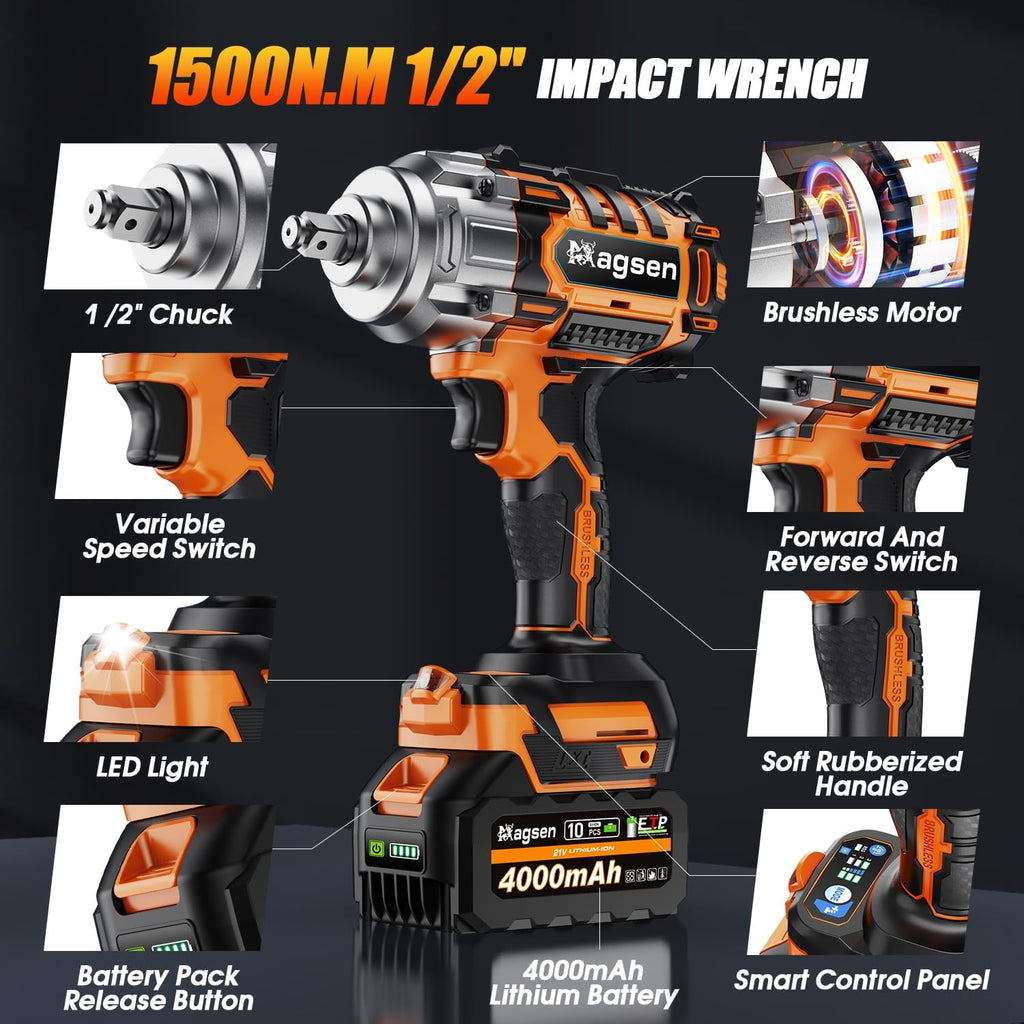 1500N.m Impact Wrench, 1/2' High Torque 1107ft-lbs Cordless Impact Gun with 2 x 4.0Ah Battery, 21V Power Impact Driver with 5 Sockets,LED Light,Electric Impact Truck RV Car Heavy Construction