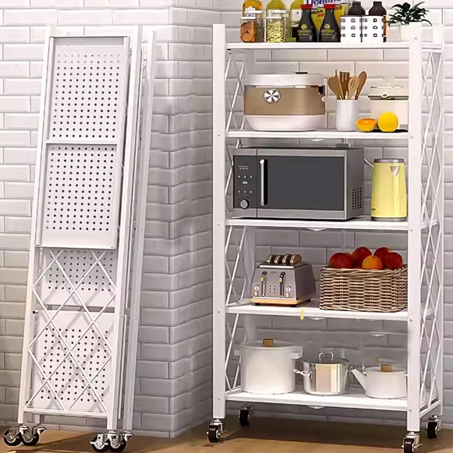 Microwave Storage Stand,Microwave Stand with Storage Cabinet Made of Carbon Steel Kitchen Baker's Rack with Storage Open Operator Console with Brakeable Casters Foldable(Color:White)