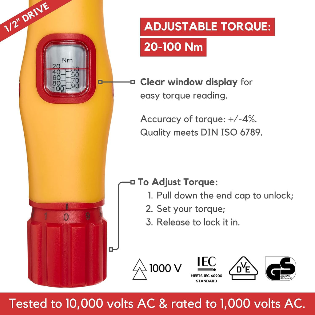 FESA Electrician Insulated Torque Wrench - 1000V Electrician Torque Wrench w/Easy Torque Adjustment & Scale Display - Each Insulated Wrench Has ID for Traceability (1/2' Drive, 20-100 Nm Range)