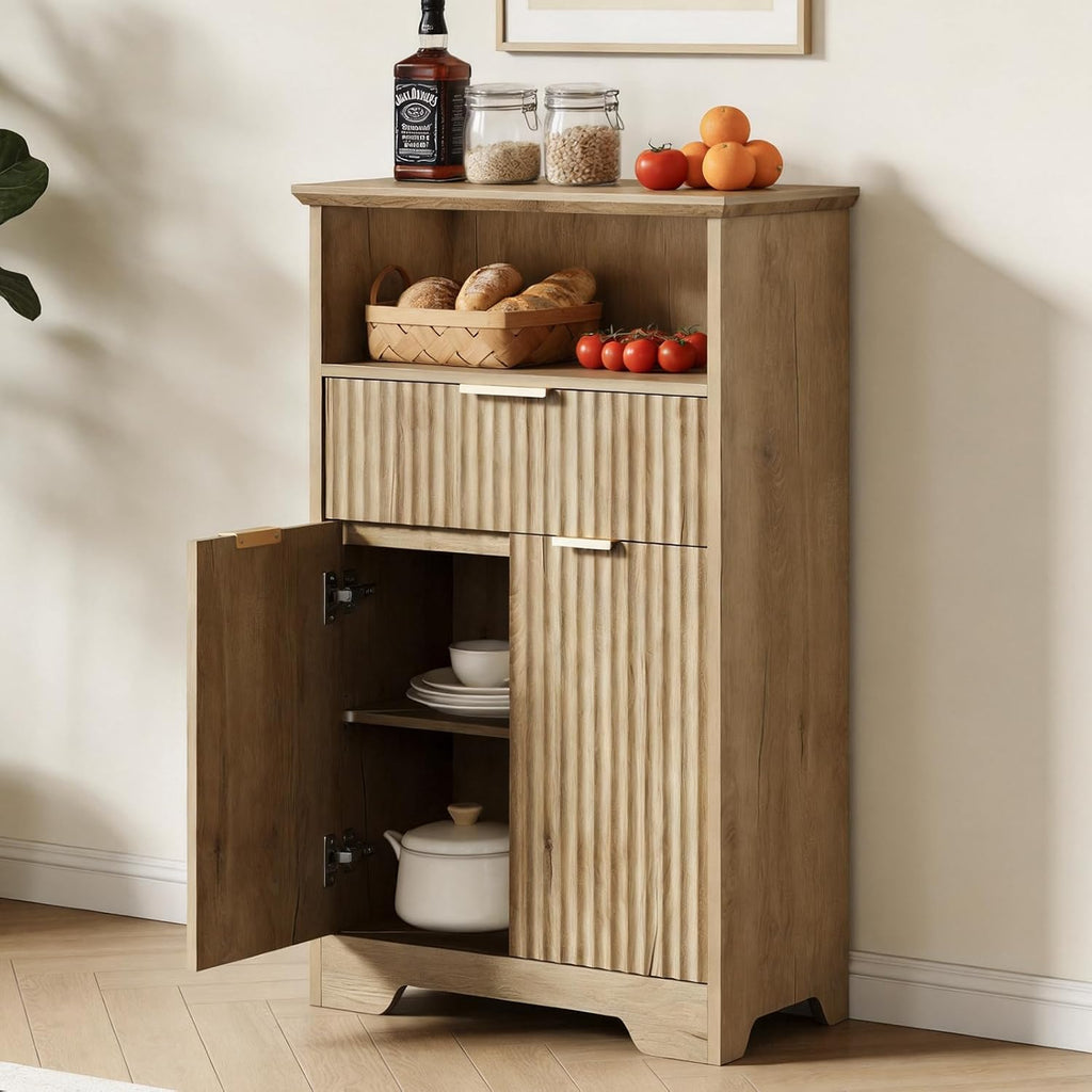 Fluted Buffet Cabinet with Storage, Modern Coffee Bar Cabinet with Drawer & Adjustable Shelf, Wood Sideboard Cabinet for Kitchen, Bathroom, Entryway and Living Room Natural