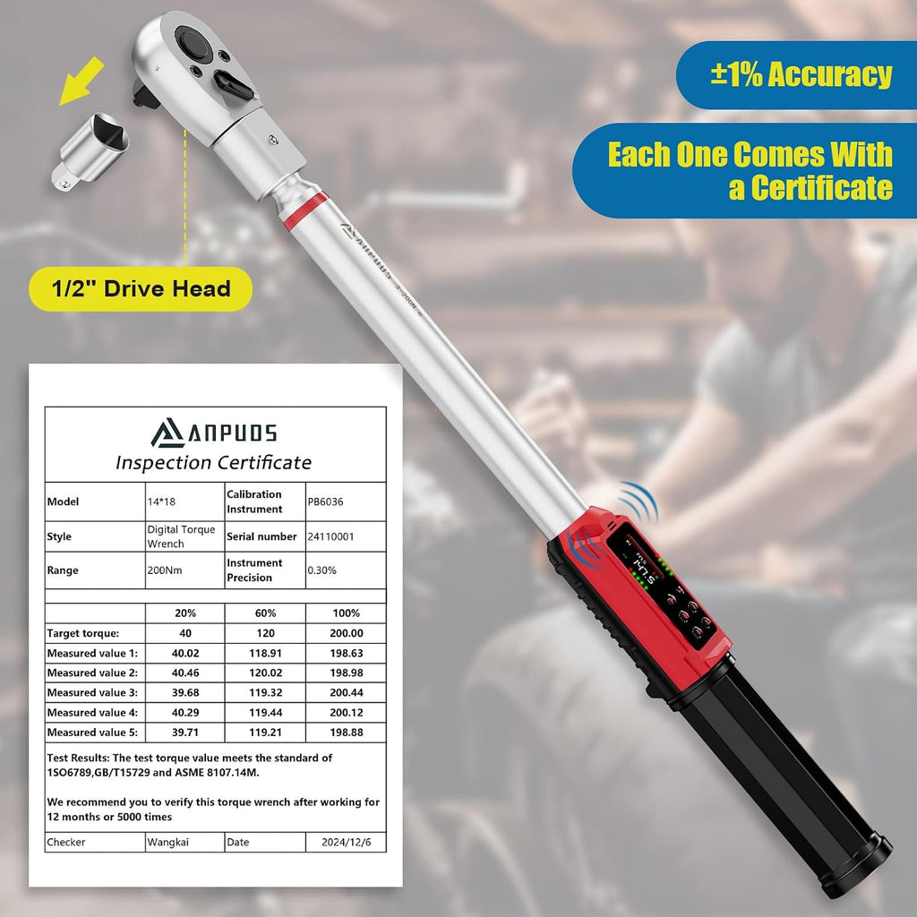 ANPUDS Adjustable Digital Torque Wrench, 2.2-147.5 Ft.lb, ±1% Accuracy | 3-200 Nm, 45mm Jaw & 1/2' Ratchet, 14×18mm Open End, Vibration, Buzzer and LED Indicator, for HVAC, Split AC, Auto, Plumbing