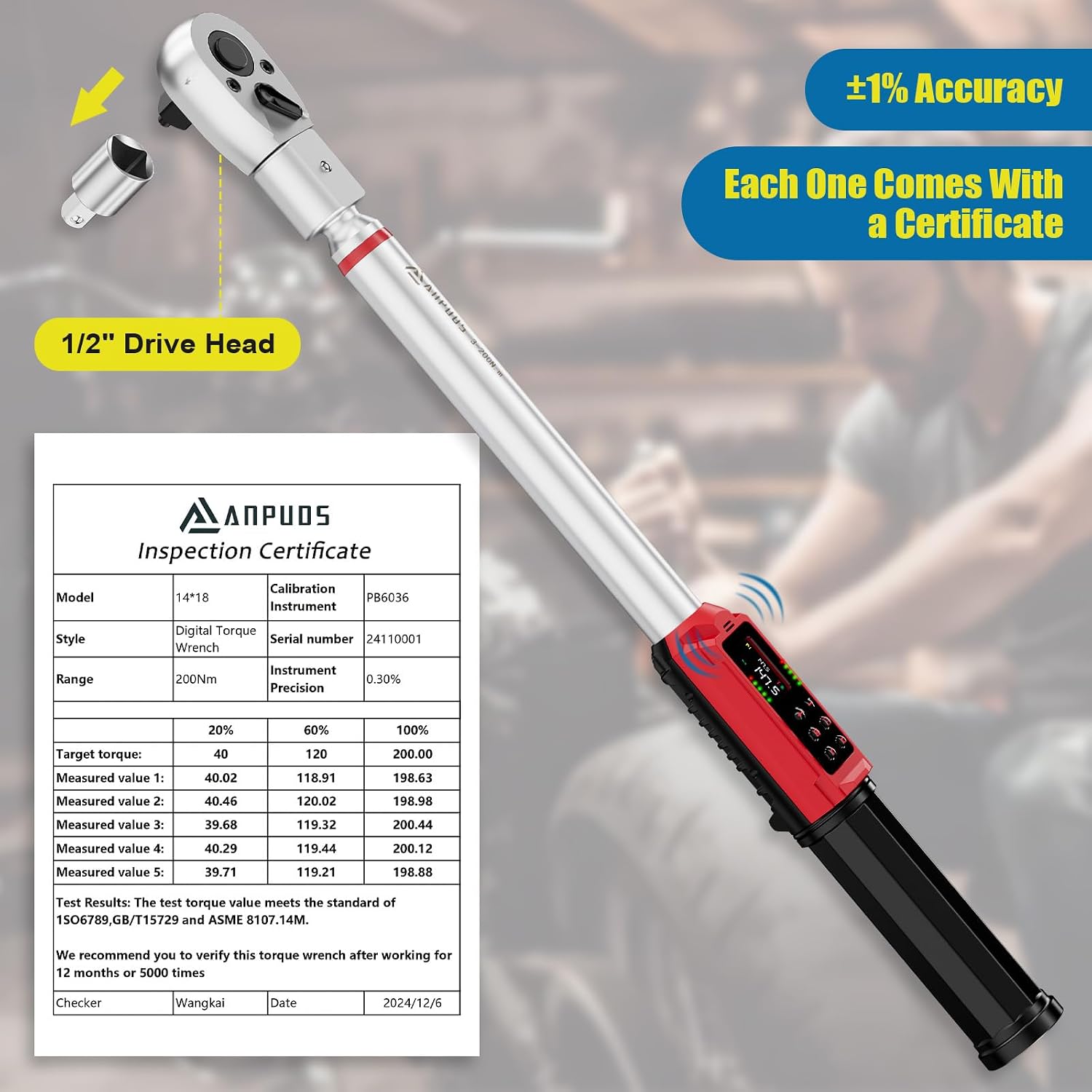 ANPUDS Adjustable Digital Torque Wrench, 2.2-147.5 Ft.lb, ±1% Accuracy | 3-200 Nm, 45mm Jaw & 1/2' Ratchet, 14×18mm Open End, Vibration, Buzzer and LED Indicator, for HVAC, Split AC, Auto, Plumbing