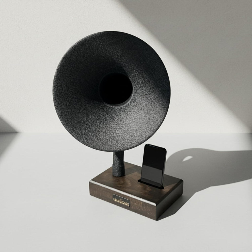 Handmade Acoustic Phone Speaker, Gramophone Phone Amplifier, Vintage Passive Speaker for Home Decor, Office Furniture Gift, Unique Handmade Smart Phone Dock - 17' Dark Walnut & Aged Carbon