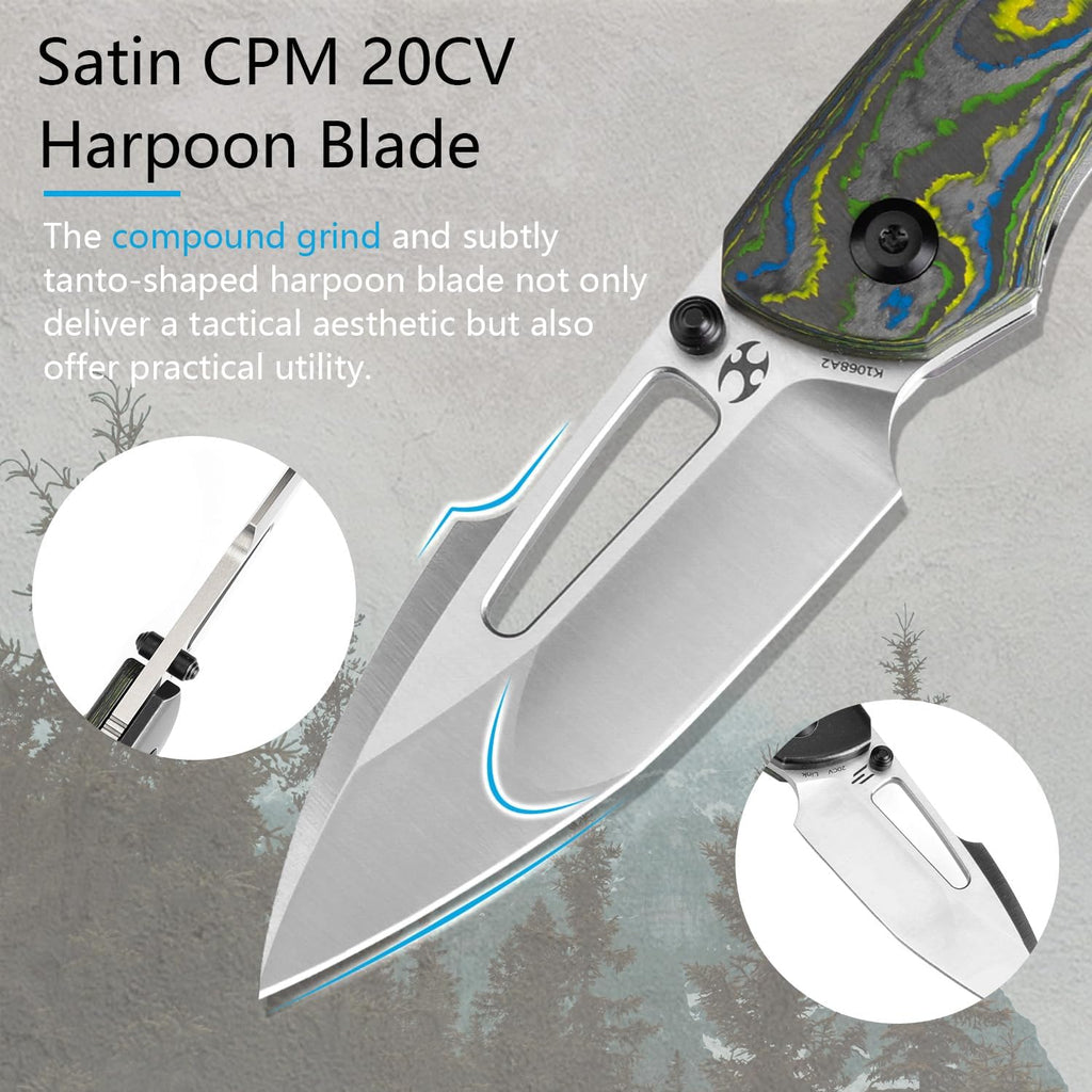 KANSEPT Link Pocket Folding Knives EDC Camping Hiking Folding Knife for Men Women 3'' Satin CPM 20CV Blade Pocke Knife with 80S Camo Carbon Fiber Blackwash Titanium Handle Everyday Carry K1068A2