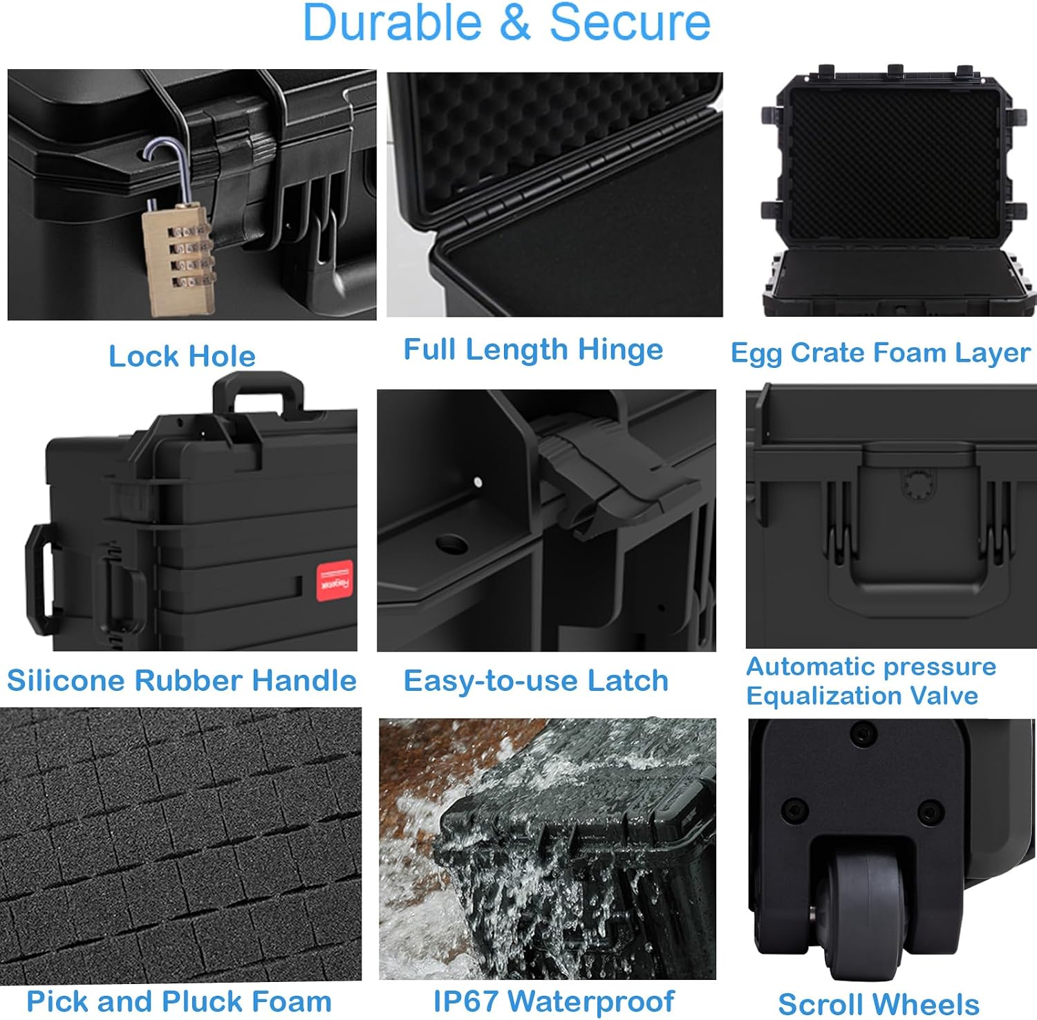 Regetek Waterproof Hard Case, 33 x 21 x 14 Inch, Equipment Case with Wheels/Customizable Foam/Retractable Handle for electronic, tool,cameras, Shockproof,Rolling Hard Case Inner 27.24'x15.6'x11.29'
