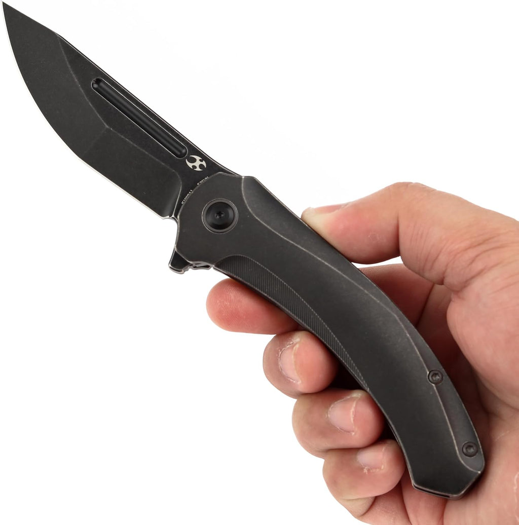 KANSEPT Hira Pocket Knife, 3.46'' Blackwash CPM S35VN Sharp Steel Blade and Blood groove, Curved Black Titanium Handle, Secure Frame Lock Folding with Flipper for Edc, Camping Hiking Knives K1090A1