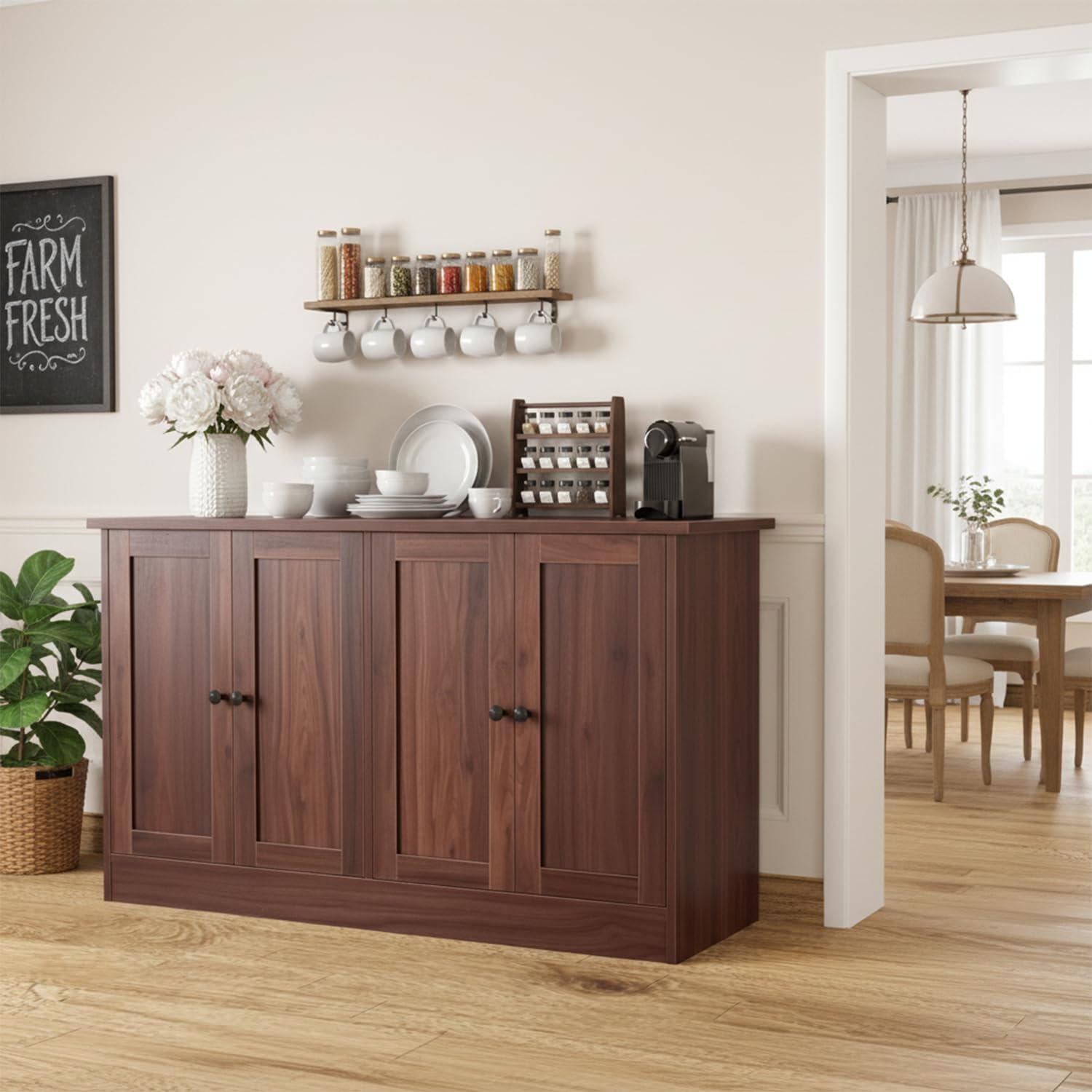 holzart Rustic Brown Buffet Cabinet with Storage, 49' Farmhouse Kitchen Sideboard with 4 Doors, Industrial Coffee Bar Cabinet & Console Table for Dining Room, Living Room