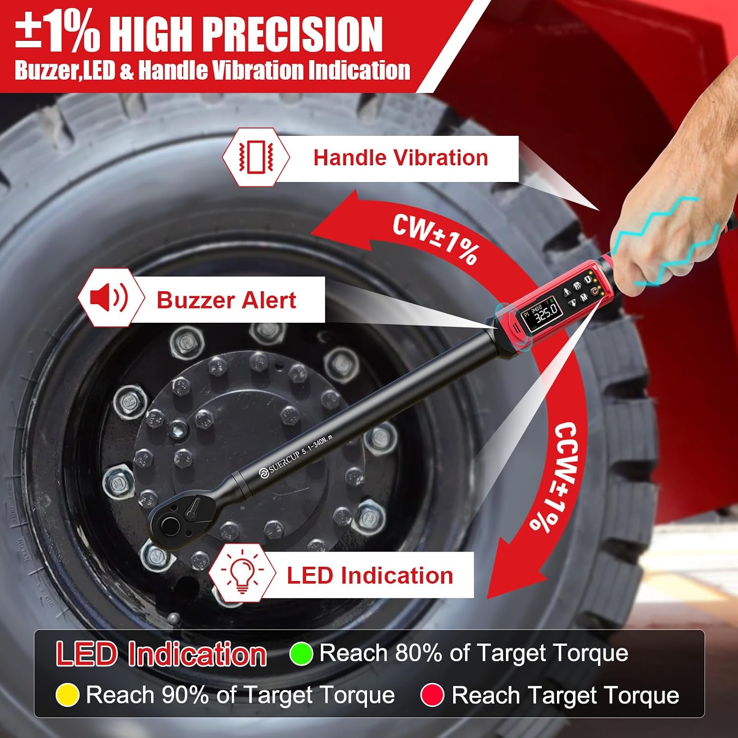 SUERCUP 3/8'&1/2' Digital Torque Wrench Set(0.66-44.29Ft.Lb/0.9-60N.m&3.8-250.8Ft.Lb/5.1-340Nm), ±1% Accuracy with Vibration, Buzzer,LED Notification and Five Units of Measure, for Car,Moto, DIY