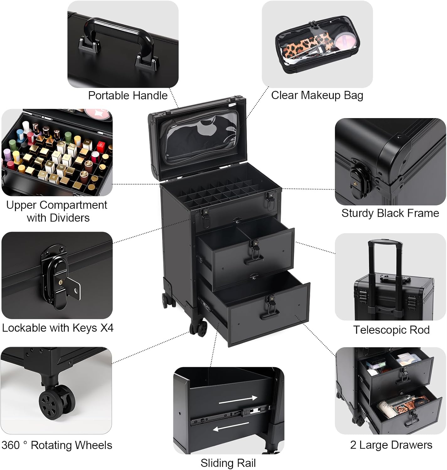 3 in 1 Rolling Makeup Case, Professional Cosmetology Case on Wheels with 2 Drawers, Ideal Gift for Hairstylist, Nail Techs, 3 Tiers Portable Beauty Organizer Case for Travel or Salon Use, Black