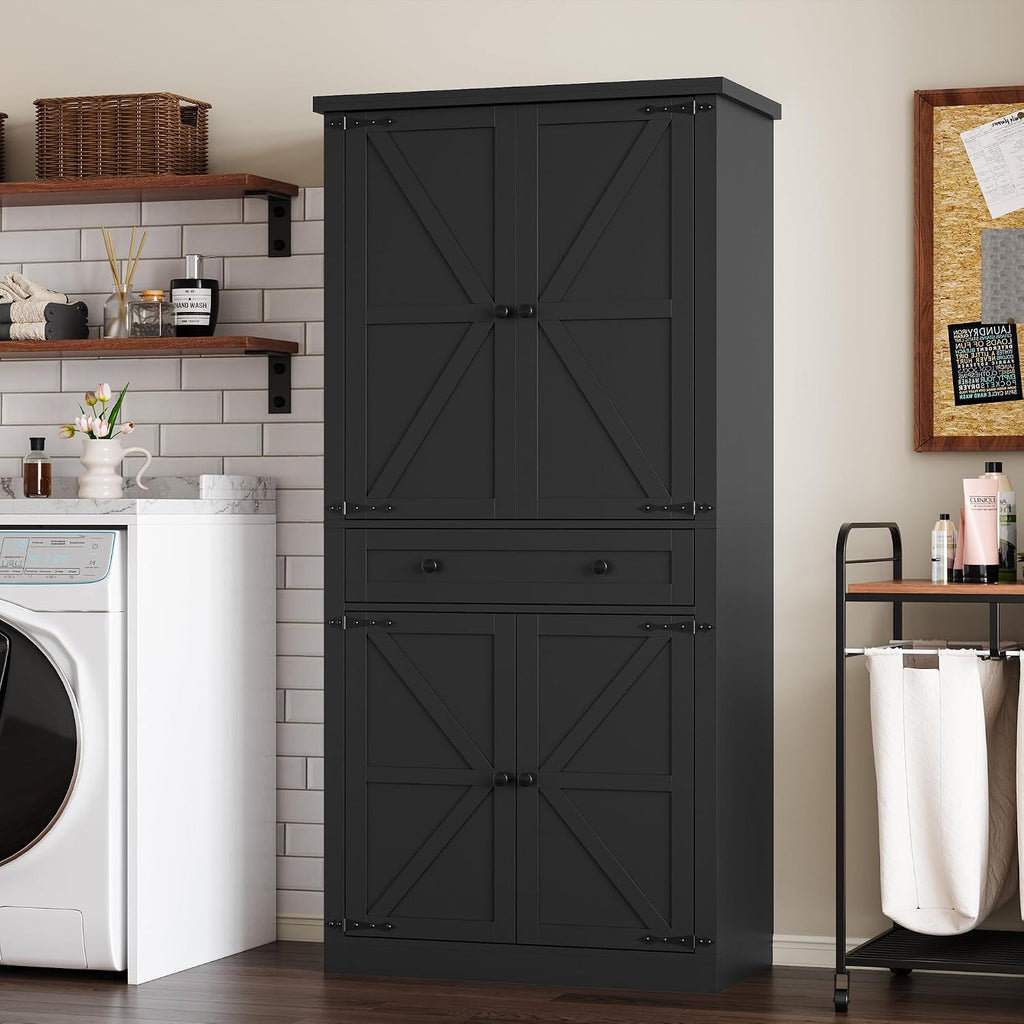 BORNOON Pantry Organizers and Storage Cabinet, 67.7' Barn Door White Kitchen Cabinet with Drawers and Adjustable Shelf, Tall Pantry for Kitchen, Dining Room, Living Room