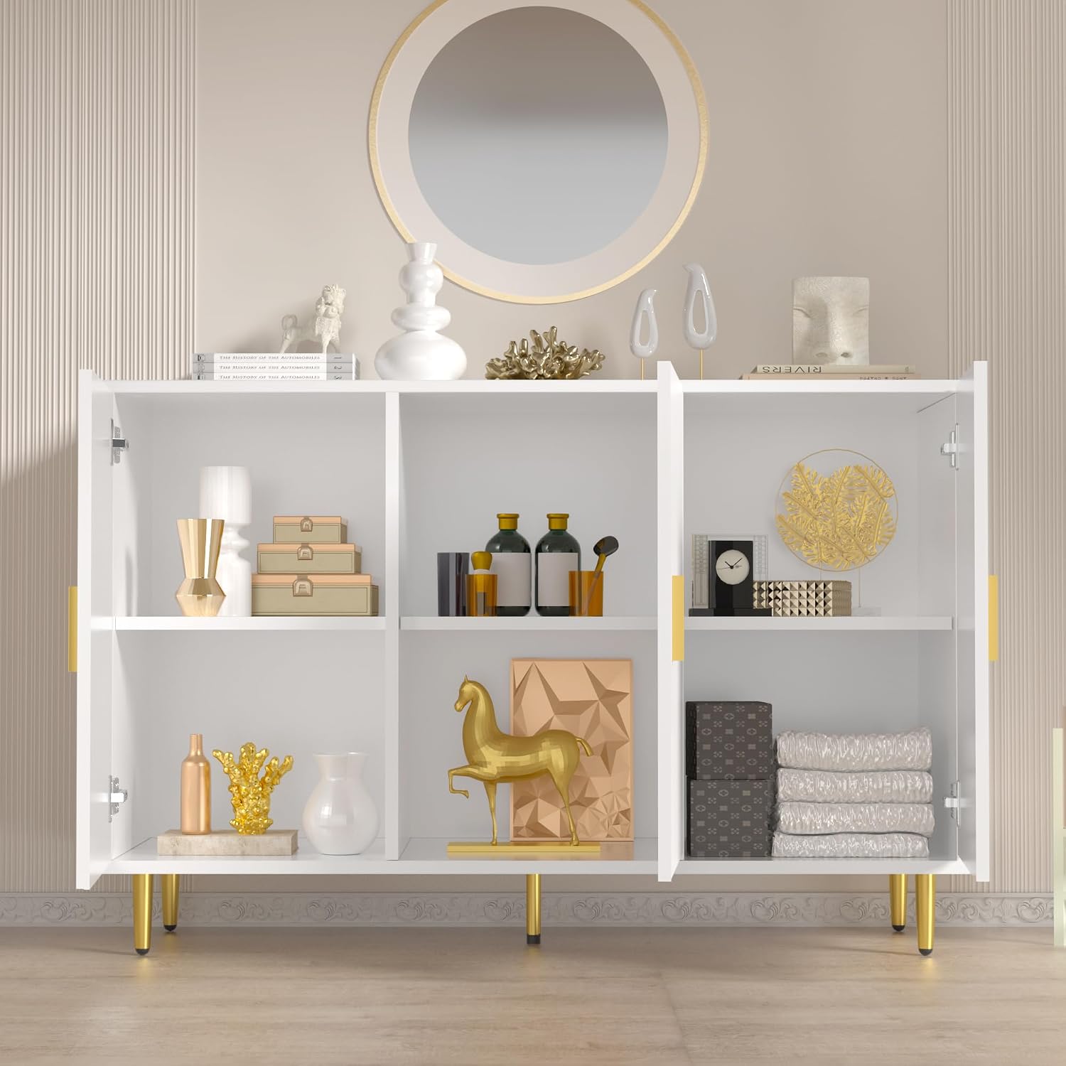 DIYART White Sideboard Buffet Cabinet, Accent Coffee Bar with 3 Doors, Entryway Cabinet for Living Room, Kitchen, Hallway