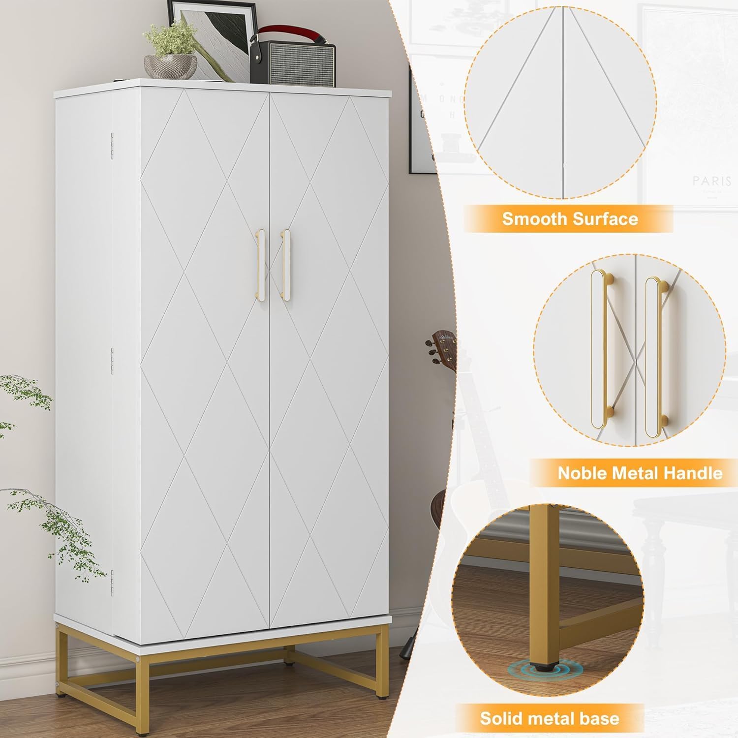 kepptory 51' Kitchen Pantry Storage Cabinet with Diamond Design, White Freestanding Pantry Cabinets with Golden Base and Handles, Buffet Cupboards Cabinet with 6 Adjustable and Large Storage Space