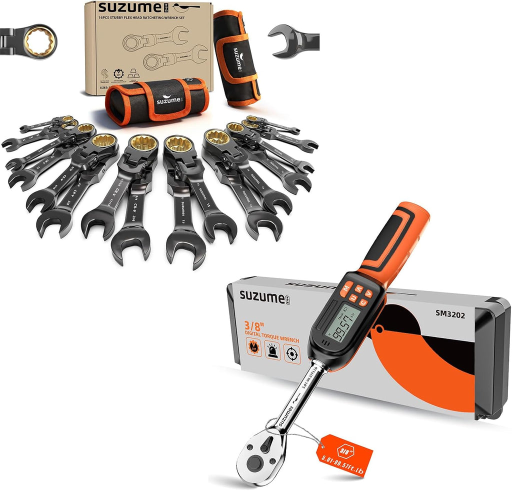 SUZUME Digital Torque Wrench 3/8 Drive (4.9-99.6 Ft. Lb/ 6.6-135 N.m) & Flex Head Stubby Ratcheting Wrench Set