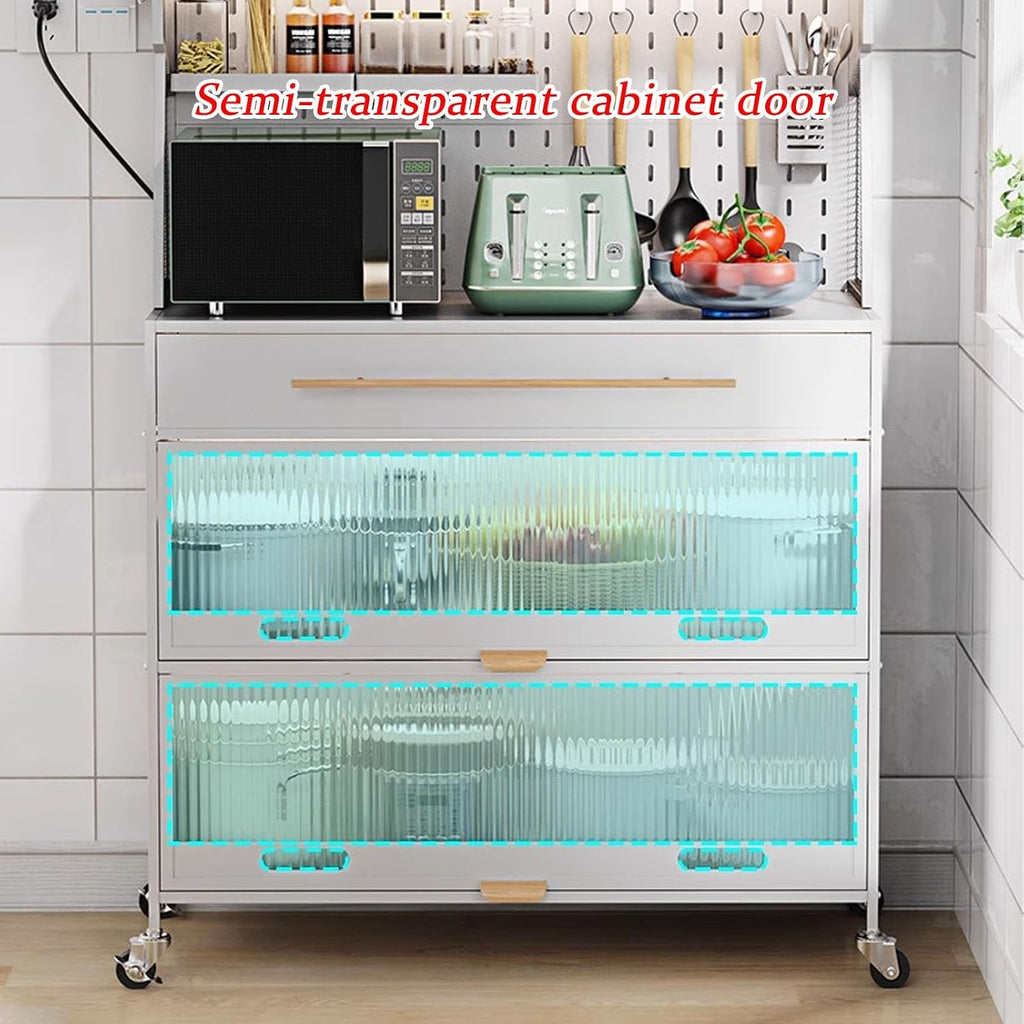 JKGHK 5-Tier Bakers Racks with Storage for Kitchens, Microwave Stand on Wheels with Flip Door Cabinets and Pegboard, Tall Kitchen Pantry Cabinet with Drawer for Home(White,100cm/39.3in)