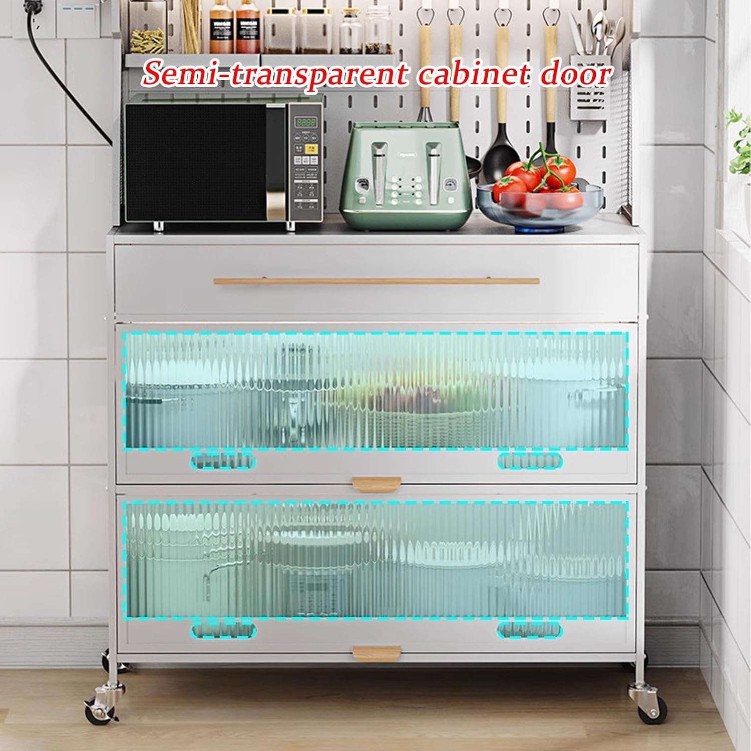 JKGHK 5-Tier Bakers Racks with Storage for Kitchens, Microwave Stand on Wheels with Flip Door Cabinets and Pegboard, Tall Kitchen Pantry Cabinet with Drawer for Home(White,100cm/39.3in)