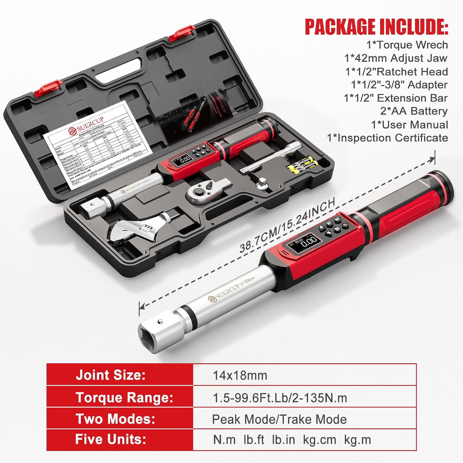 SUERCUP 1/2' Adjustable Digital Torque Wrench (1.5-99.6Ft.Lb/2-135N.m) | Interchangeable 14x18mm Head with 42mm Jaw & 1/2' Ratchet, Vibration, Buzzer & LED Flash, for HVAC, Flare Nut & Auto Repair