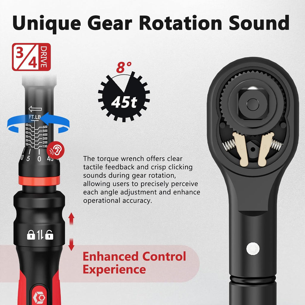VANPO Torque Wrench 3/4-Inch Drive 100-650 Ft-Lb Heavy Duty Click Type for Fleet Maintenance, Semi Truck, Industrial Equipment - TPR+ABS Handle, ±3% Precision, 45-Tooth Ratchet,with Portable Case