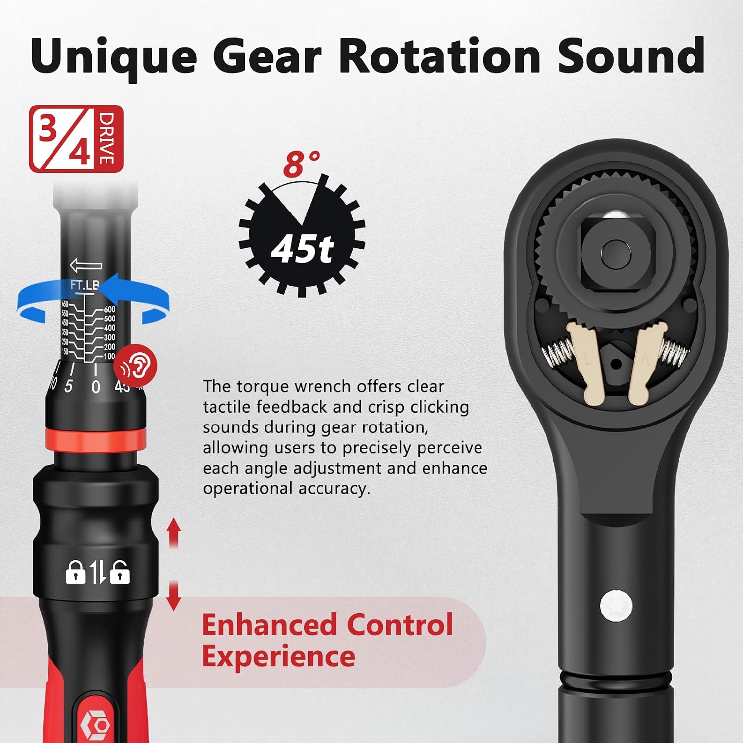 VANPO Torque Wrench 3/4-Inch Drive 100-650 Ft-Lb Heavy Duty Click Type for Fleet Maintenance, Semi Truck, Industrial Equipment - TPR+ABS Handle, ±3% Precision, 45-Tooth Ratchet,with Portable Case