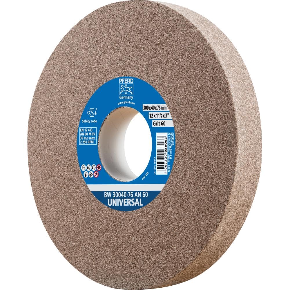 PFERD Vitrified Bench Grinding Wheel – Universal, 12' Diameter, 1-1/2' Thick, 3' Arbor, 60 Grit, Aluminum Oxide, for General Metalworking - Part 61688