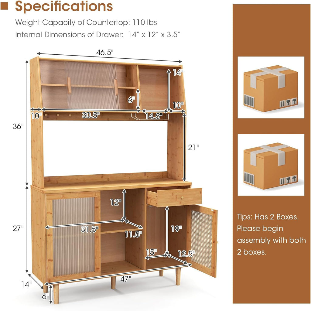 Giantex Pantry Cabinet, 69' Bamboo Hutch Cabinet with Storage, Drawer, Microwave Countertop, Glass Holder, Freestanding Buffet Sideboard with Rattan Door, Tall Cupboard for Kitchen Coffee Bar