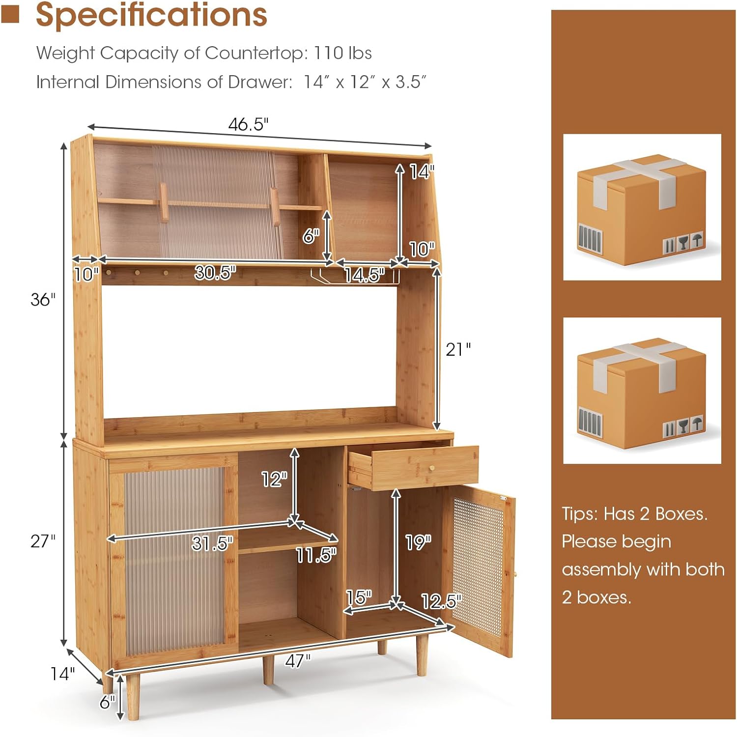 Giantex Pantry Cabinet, 69' Bamboo Hutch Cabinet with Storage, Drawer, Microwave Countertop, Glass Holder, Freestanding Buffet Sideboard with Rattan Door, Tall Cupboard for Kitchen Coffee Bar