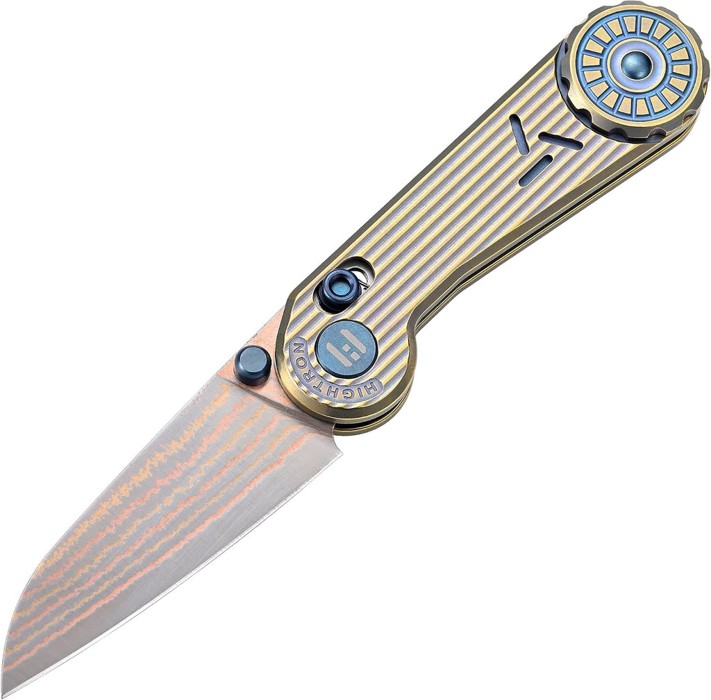 Hightron EdgePlay Premium Fidget Knife 2.64' Copper Damascus Blade and Titanium Handle Thumb Stud Opener and Axis-Lock Pocket Knife with Pocket Clip For Men Women Camping Hiking Gold