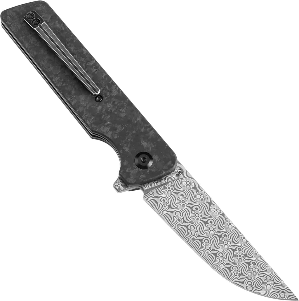 KANSEPT Anomaly Pocket Folding Knives EDC Camping Folding Knife 3.14'' Damascus Material Pocket Folding Knife with Shred Carbon Fiber Handle Everyday Carry K2038A6