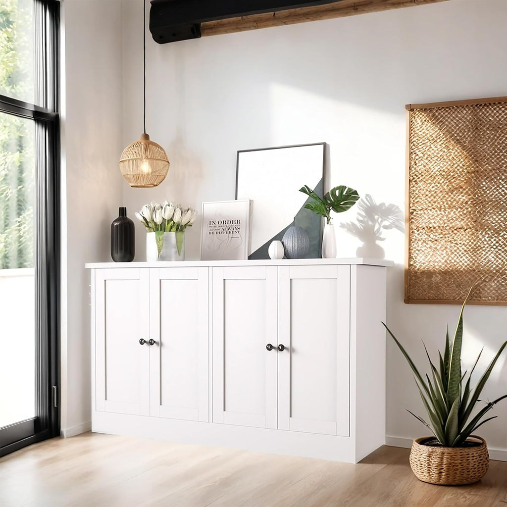 holzart White Buffet Cabinet with Storage, 49' Modern Kitchen Sideboard with 4 Doors & Adjustable Shelves, Wood Coffee Bar Cabinet Console Table for Dining Room, Living Room, Entryway