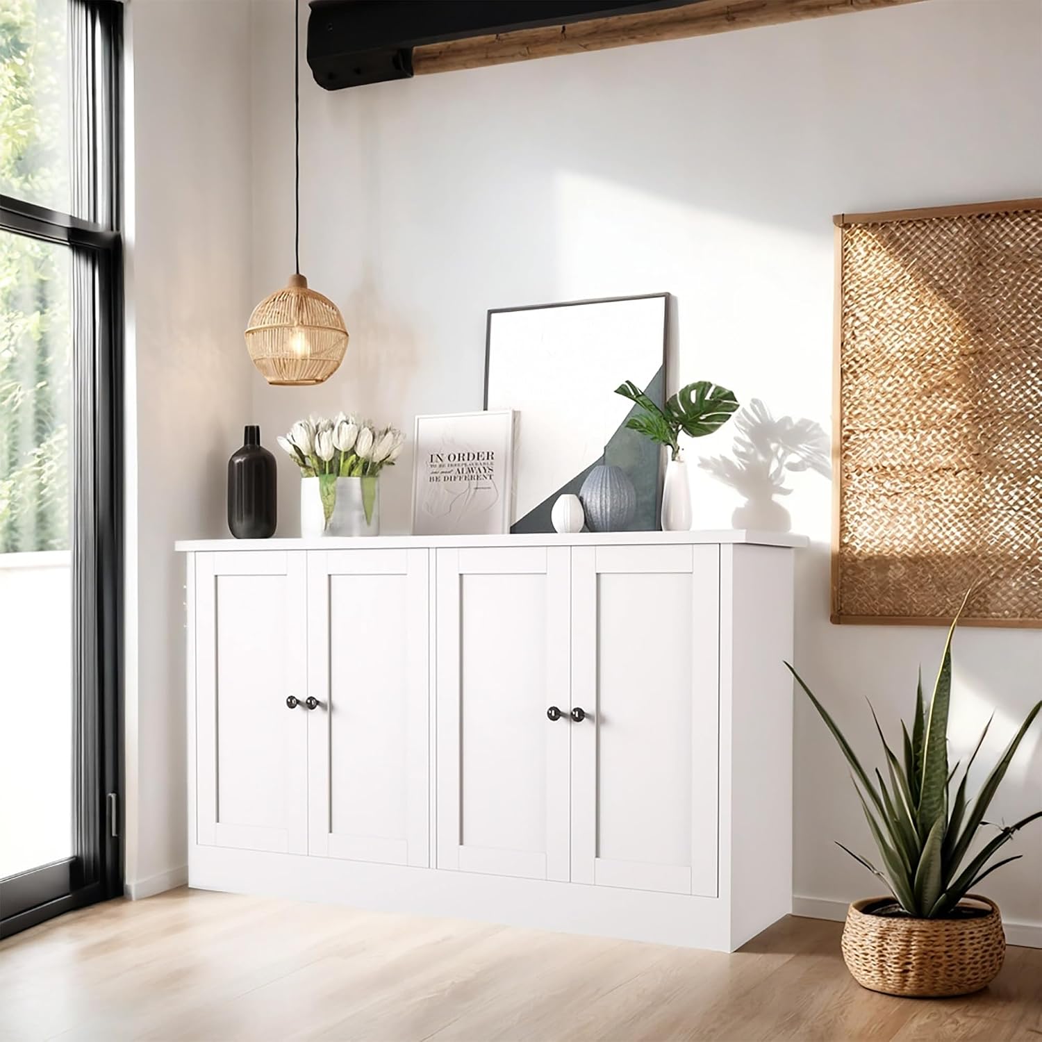 holzart White Buffet Cabinet with Storage, 49' Modern Kitchen Sideboard with 4 Doors & Adjustable Shelves, Wood Coffee Bar Cabinet Console Table for Dining Room, Living Room, Entryway