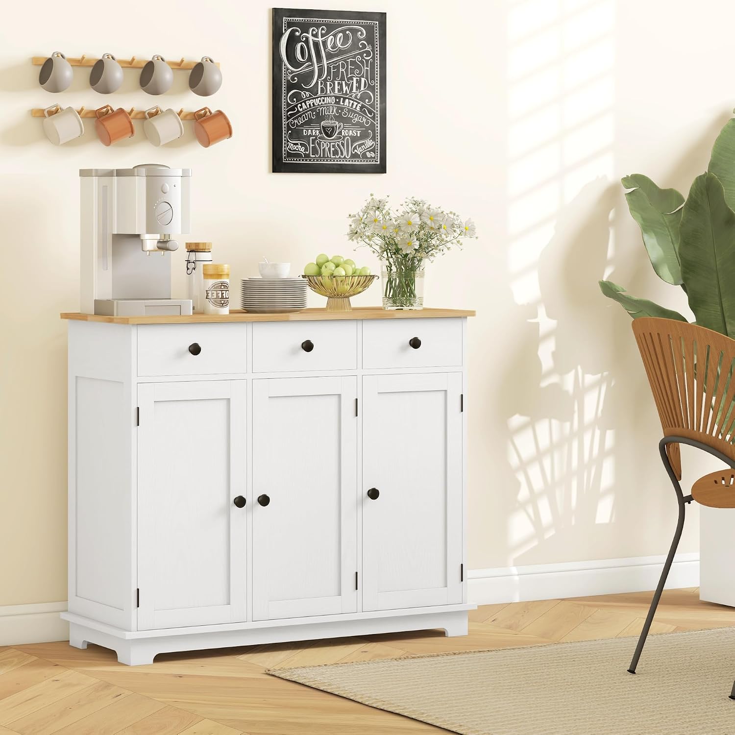 HOMCOM Sideboard Buffet Cabinet with Solid Wood Countertop, Modern Kitchen Storage Cabinet, Coffee Bar Cabinet with 3 Drawers, Doors and Adjustable Shelf, Distressed White