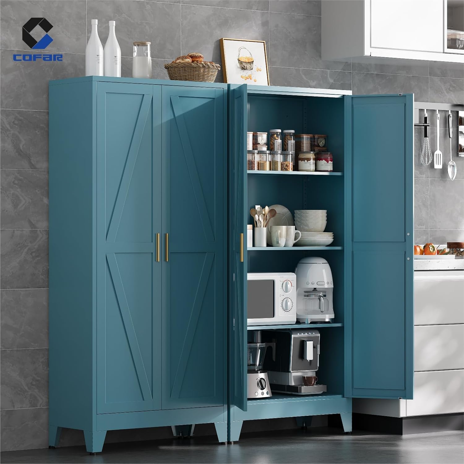 COFaR Metal Pantry Cabinet with Doors, Farmhouse 61'' Tall Storage Cabinet with 3 Adjustable Shelves, Kitchen Pantry Cabinet for Dinning Room, Laundry, Peacock Blue 4-Tier
