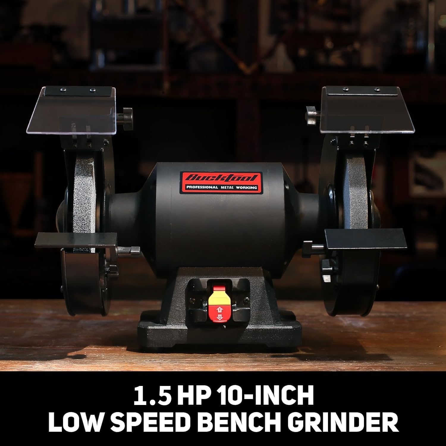 BUCKTOOL 1.5HP 10 Inch Low Speed Bench Grinder, 1750 RPM Table Grinder with 13A Motor, High Precision Wobble-free Wheel Grinder, TDS-250