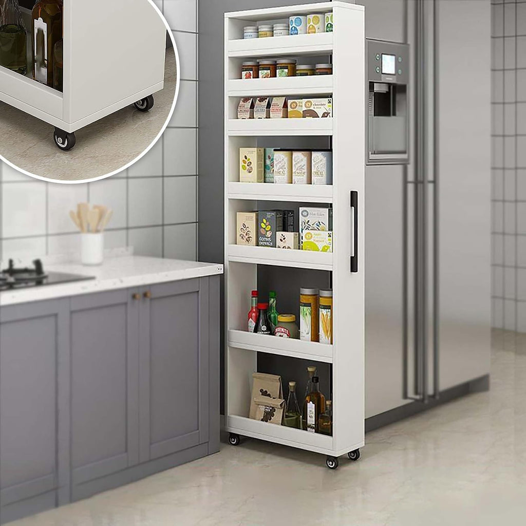 Slim Storage Cart with Wheels, Next to Fridge Storage Spice Rack, Kitchen Rolling Cart, Wood Storage Organizer for Kitchen, Bakers, Pantry, Dining Room (White,10' L x 22' W x 73' H)