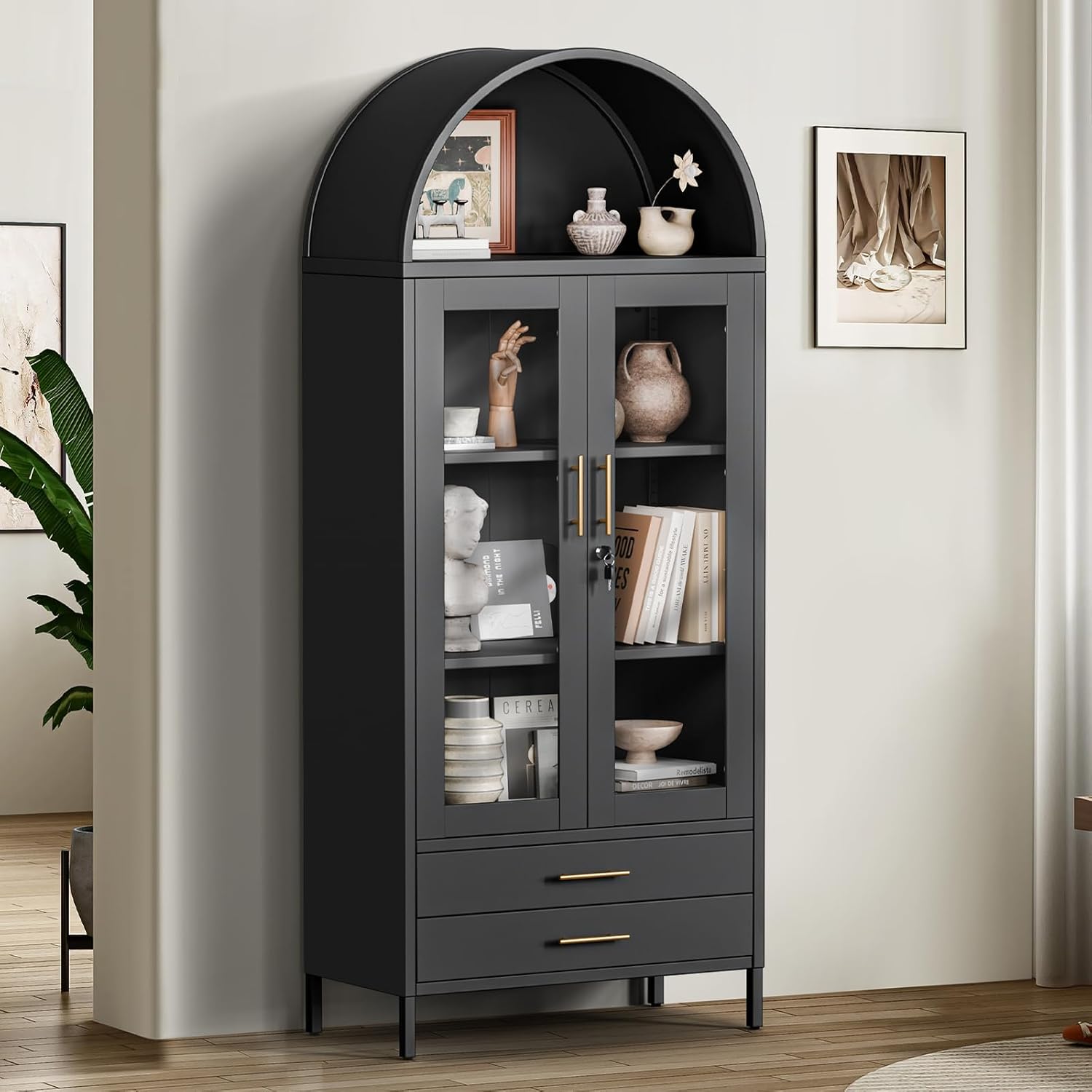 Holiwei 73' Tall Arched Cabinet, Metal Kitchen Pantry with Glass Doors, Modern Display Cabinet with 2 Drawers and 2 Adjustable Shelves for Living Room