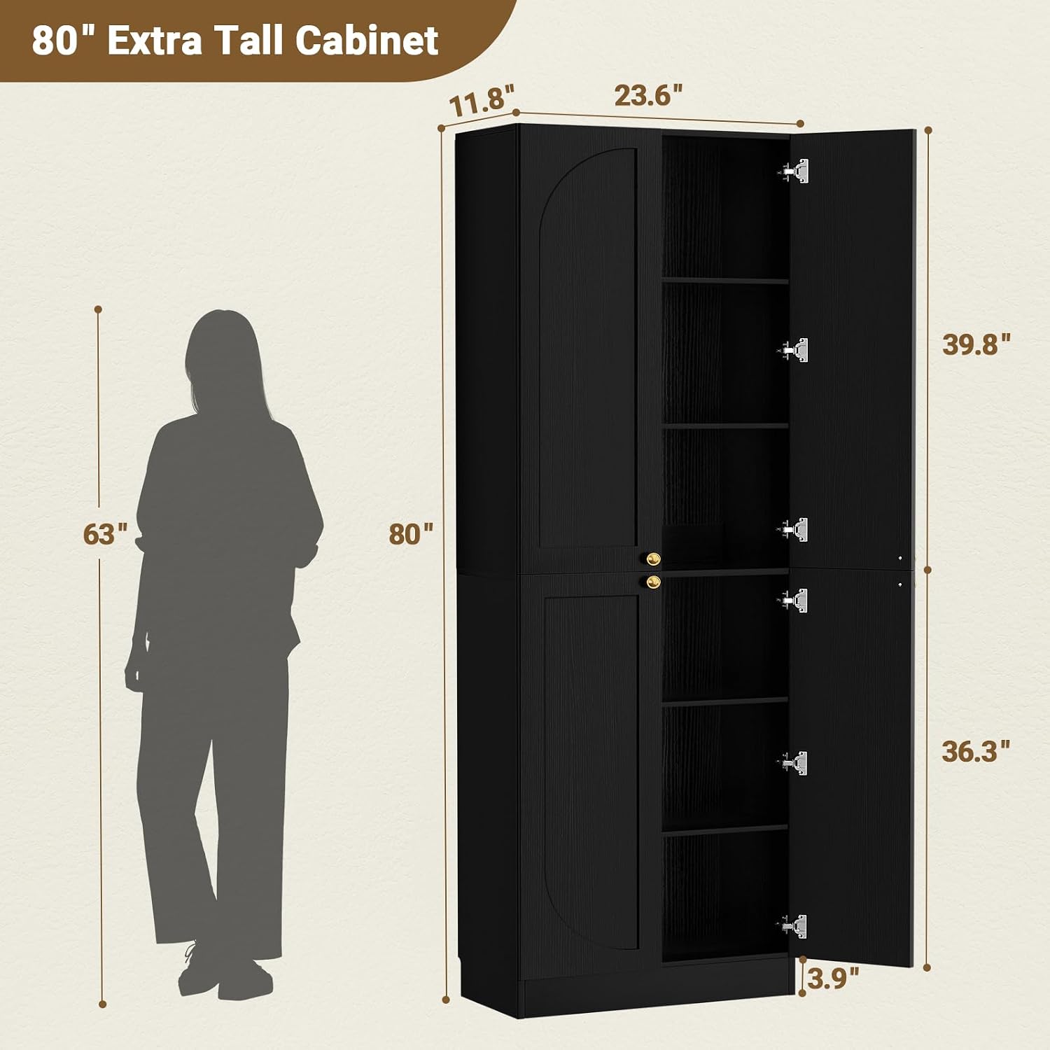 Cyclysio 80' Kitchen Pantry, Extra Tall Arch Storage Cabinet with 8 Soft Close Doors and Adjustable Shelves, Freestanding Wood Cupboard with Seamless Fit Wall for Dining Living Room Bathroom Furniture