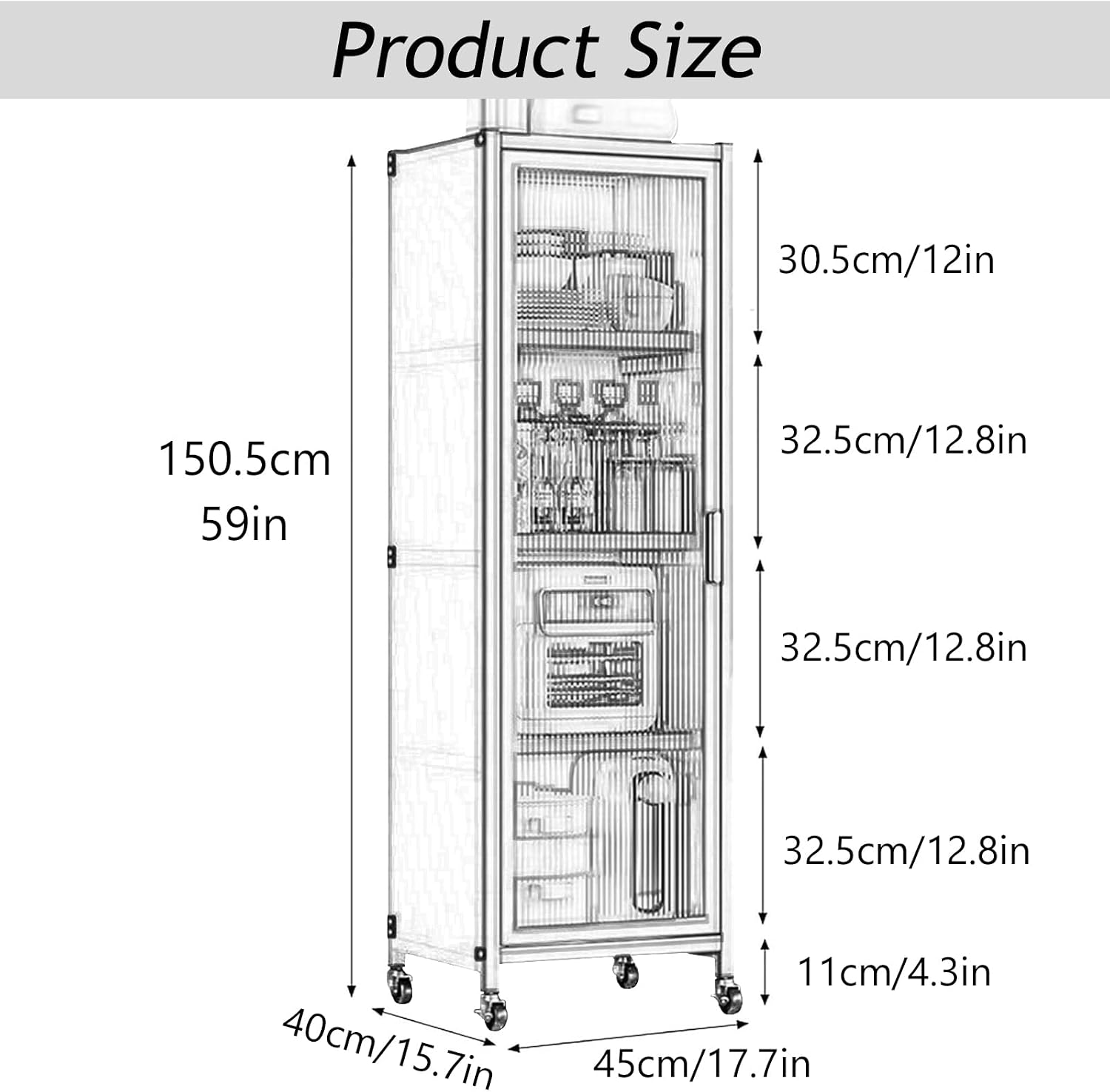 Free Standing Kitchen Bakers Rack, 3/4 Tier Microwave Stand with Transparent Door, Movable Pantry Storage Cabinet, Dining Room Living Room Shelves(L 17.7' x W 15.7' x H 59', Black-4 Tier)