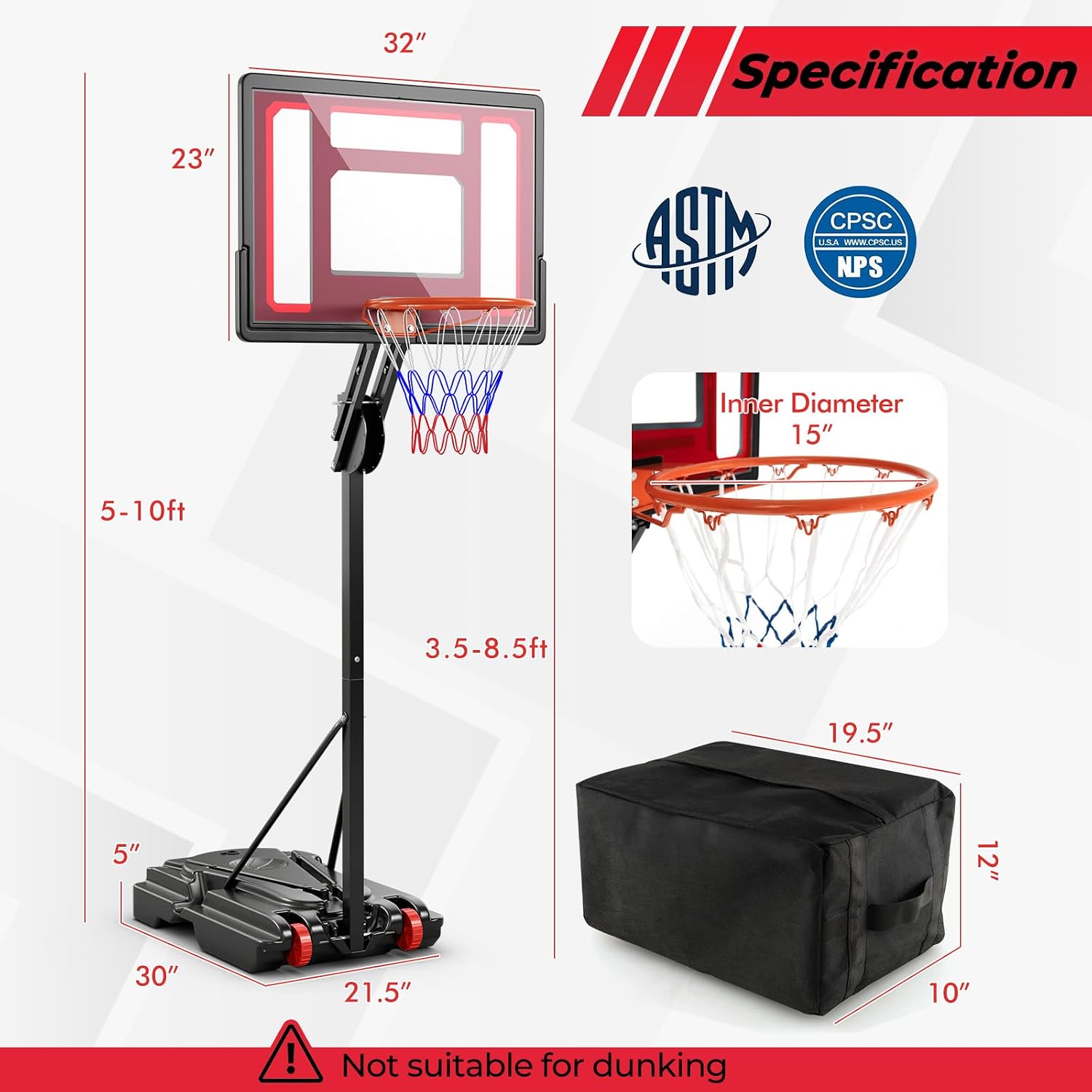 S AFSTAR Basketball Hoop, Max to 8.5 FT, 10 Adjustable Heights, 40' Shatterproof Backboard, 77 LBS Weight Bag Included, Portable Basketball Hoop for Kids, Youths & Adults