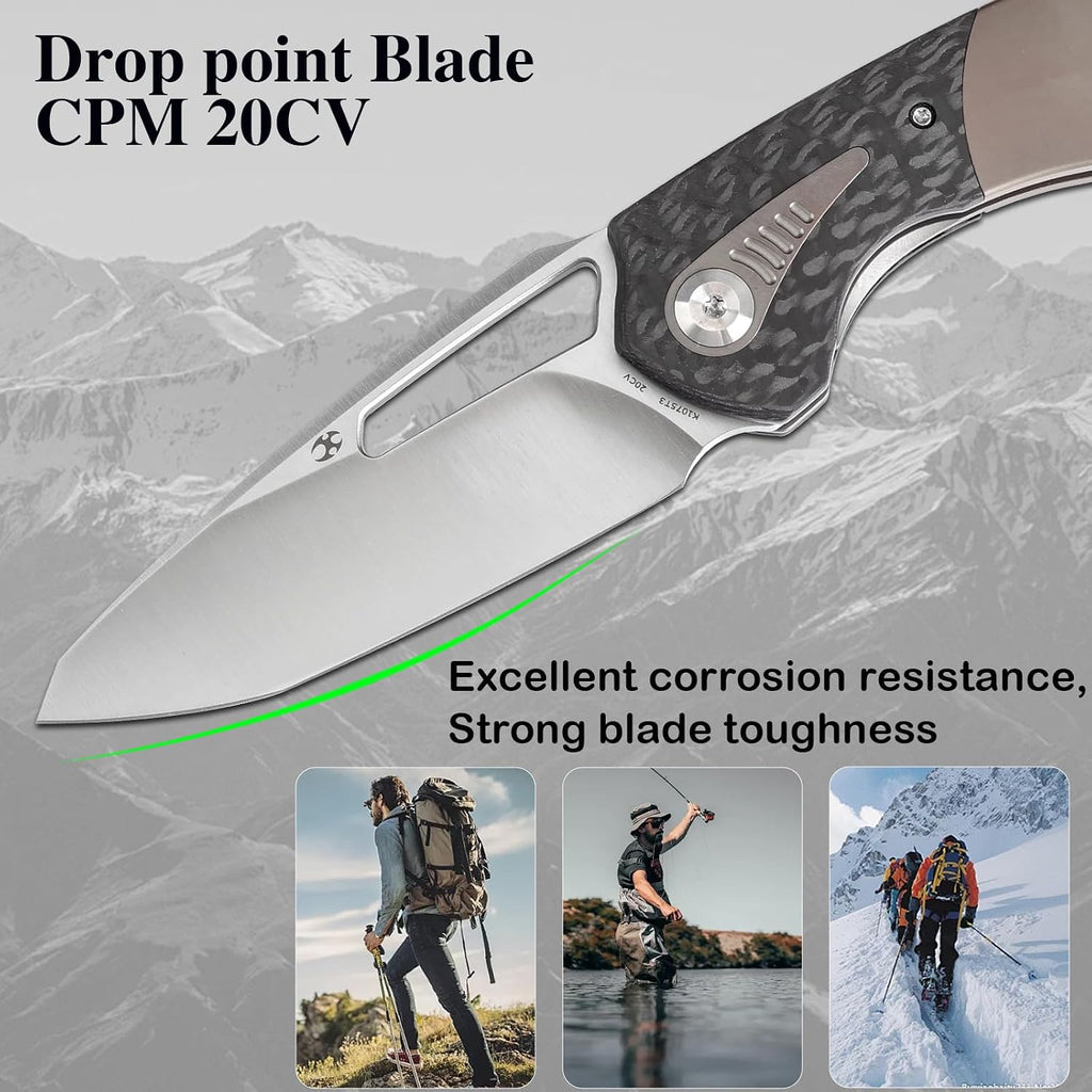 KANSEPT Thoth Camping Pocket Knives for Men 8.05in Folding Pocket Knives with 3.43in Satin CPM 20CV Material and Twill Carbon Fiber+ Titanium Handle for Outdoor, Tactical, Survival K1075T3
